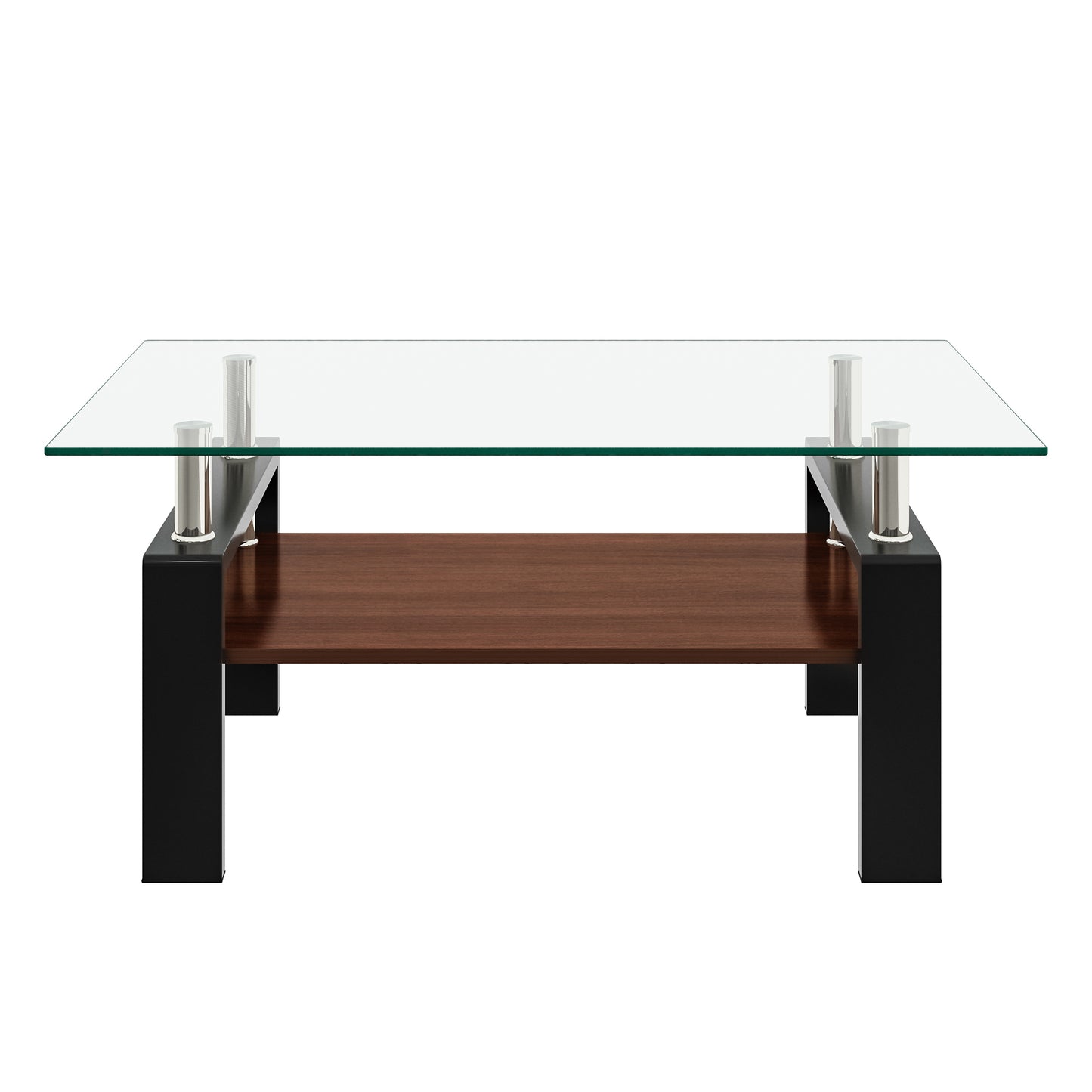 Modern glass top coffee table with dark wood shelf and black legs