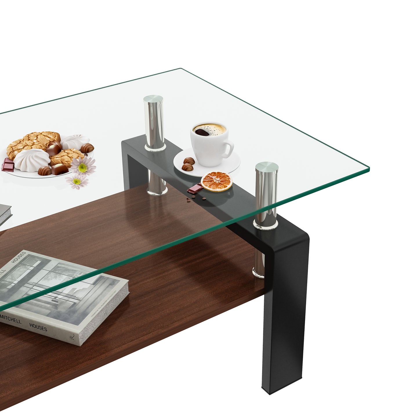 Modern coffee table with clear glass top and walnut wood shelf