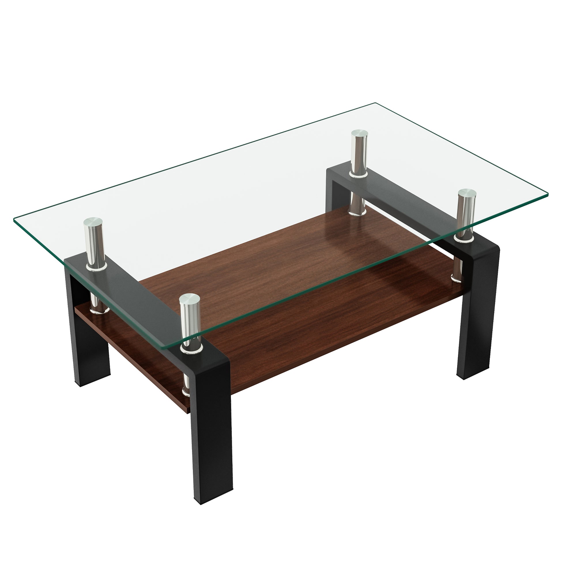 Modern black coffee table with glass top and walnut shelf