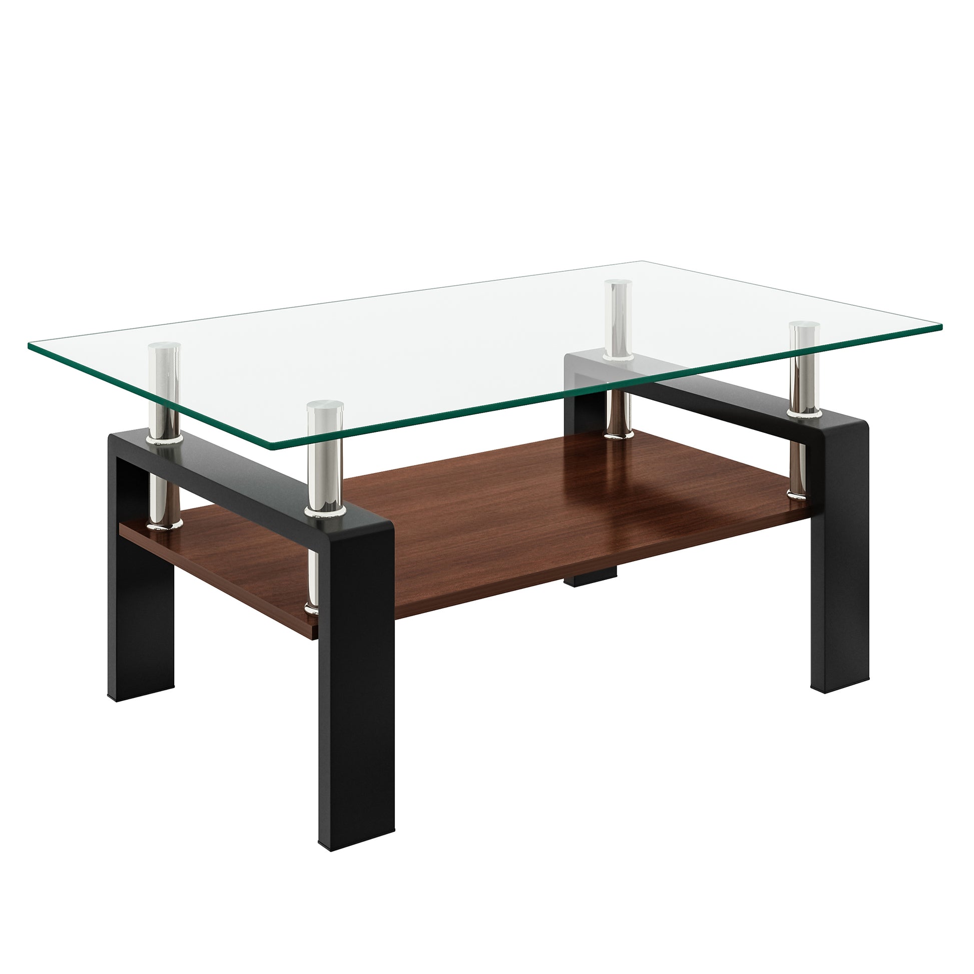 Modern glass coffee table with a walnut veneer shelf and black metal frame for living rooms