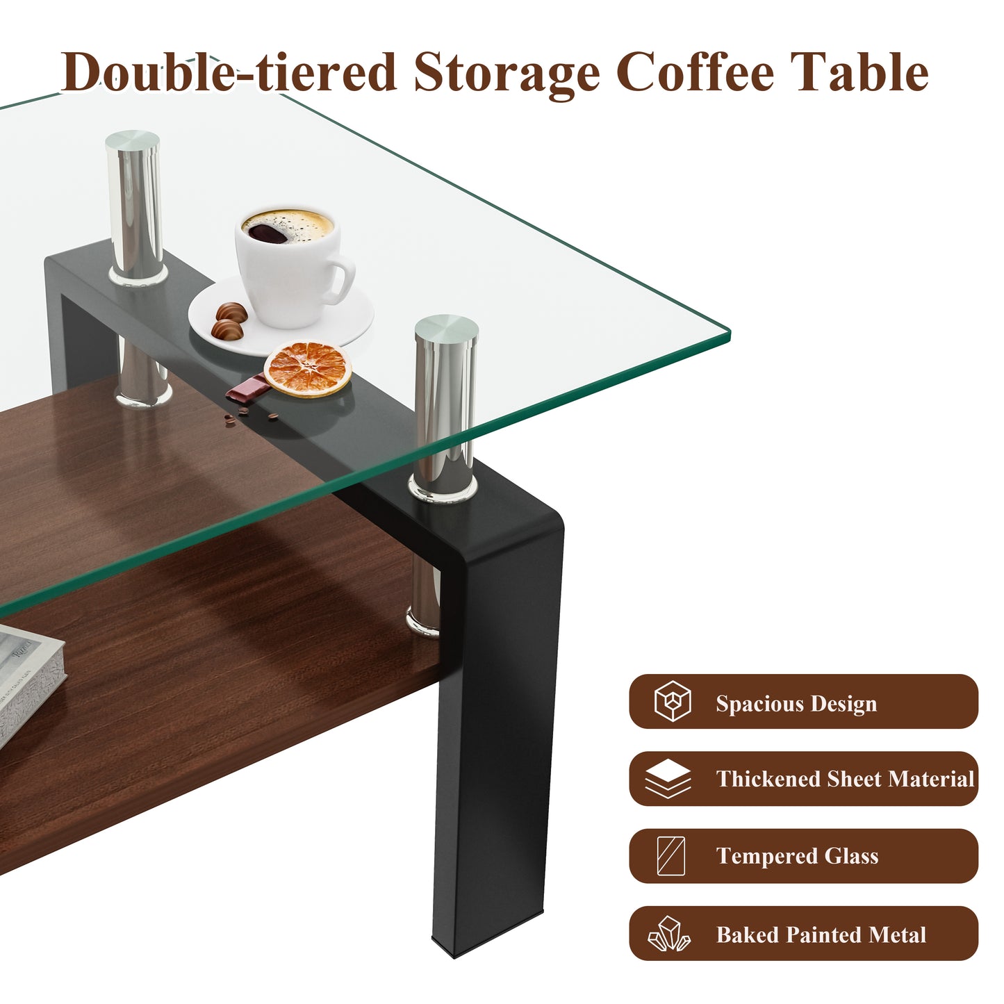 Sleek modern coffee table with clear tempered glass top and dark wood shelf