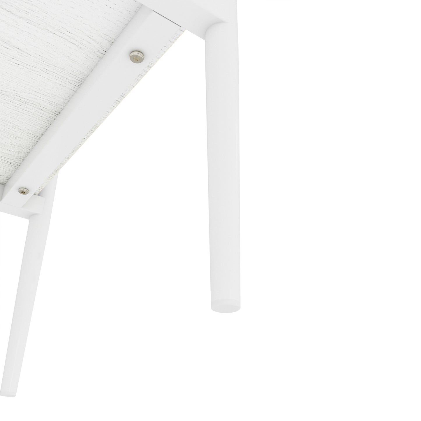 Closeup of white textured tabletop edge with metal support bracket and leg assembly