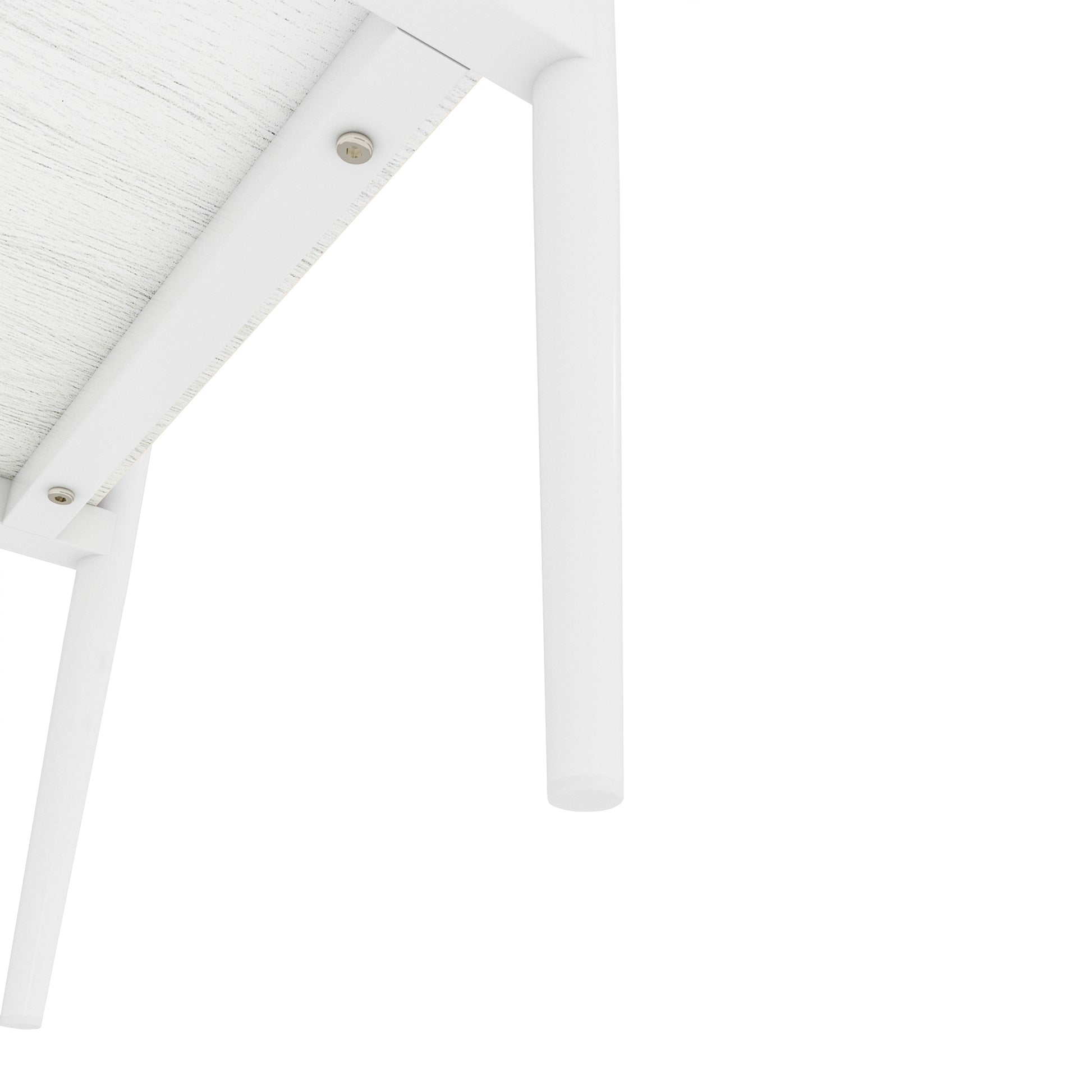 Closeup of white textured tabletop edge with metal support bracket and leg assembly