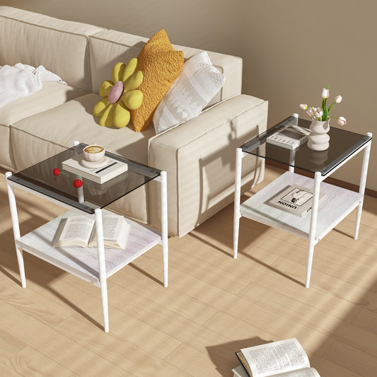 White metal side table with smoked glass top and wood shelf