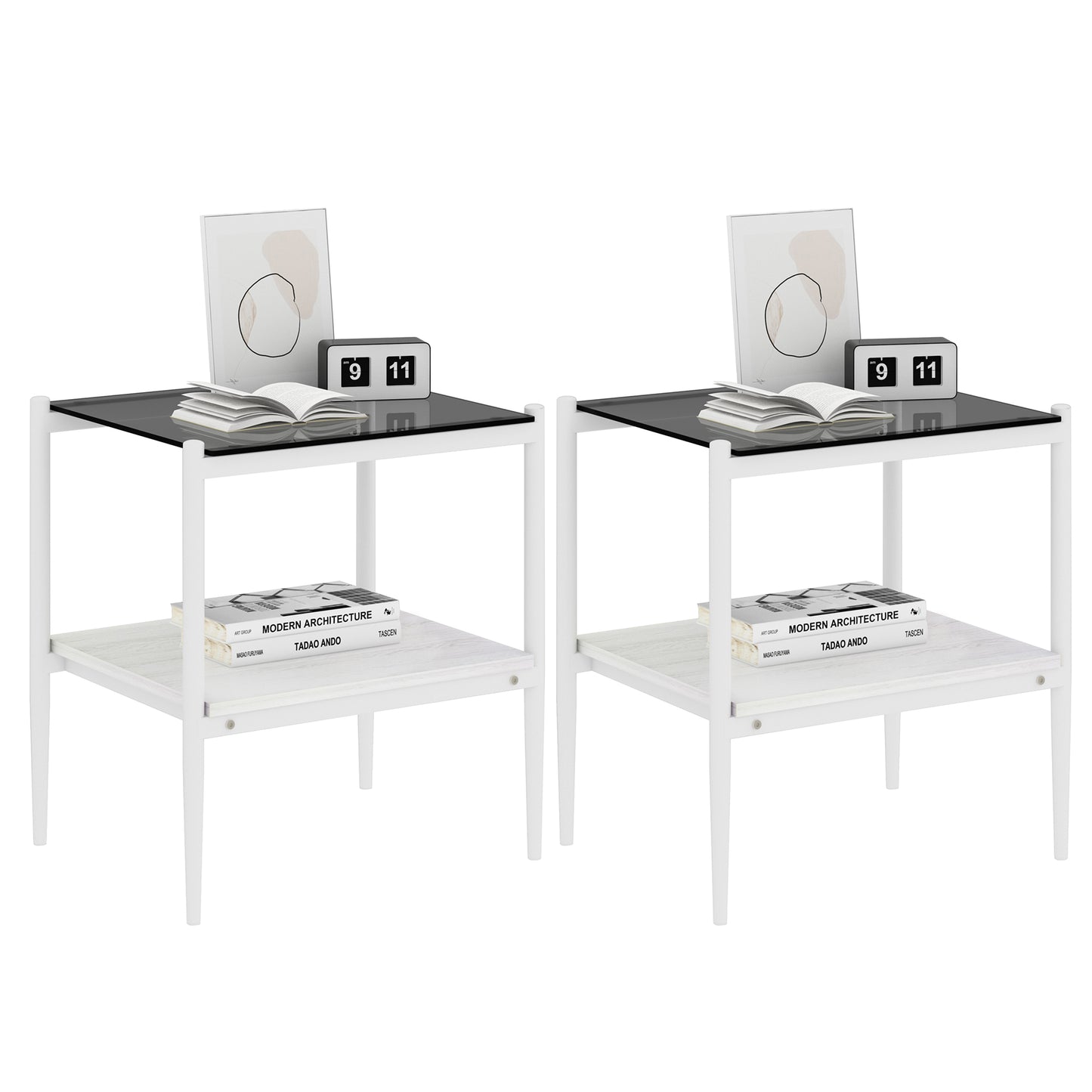 White metal end table with black glass top and two shelves featuring decor