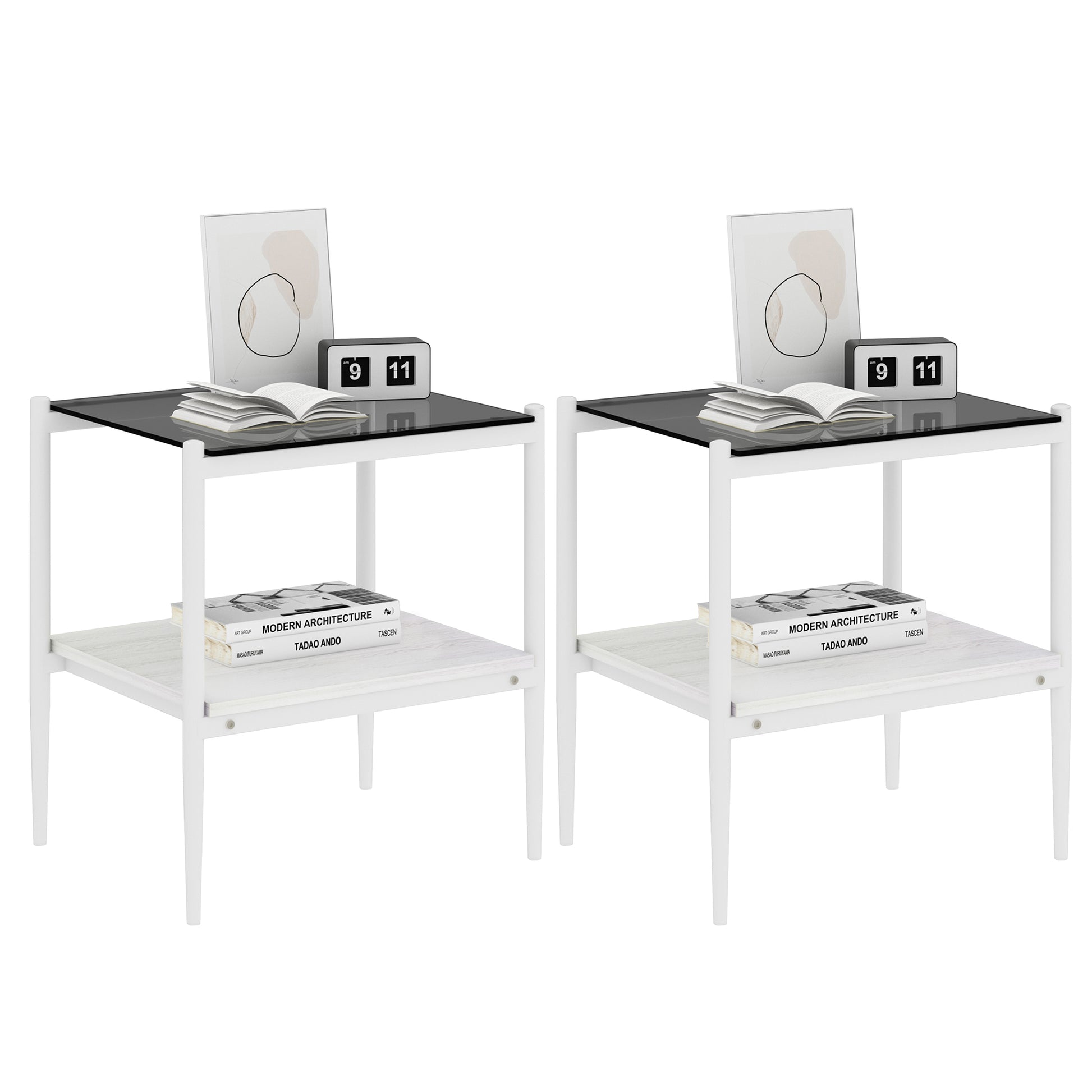White metal end table with black glass top and two shelves featuring decor