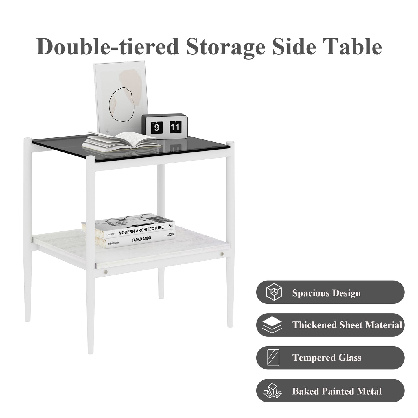 White doubletiered storage side table with black tempered glass top and woodlook shelf