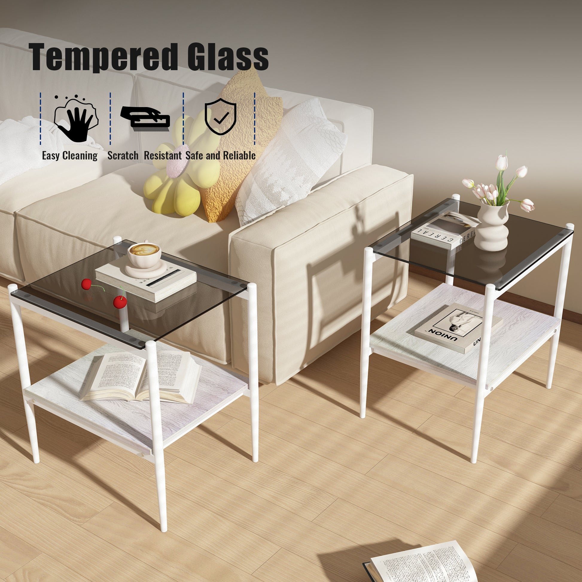 Two whiteframed side tables with smoked tempered glass tops and woodgrain shelves