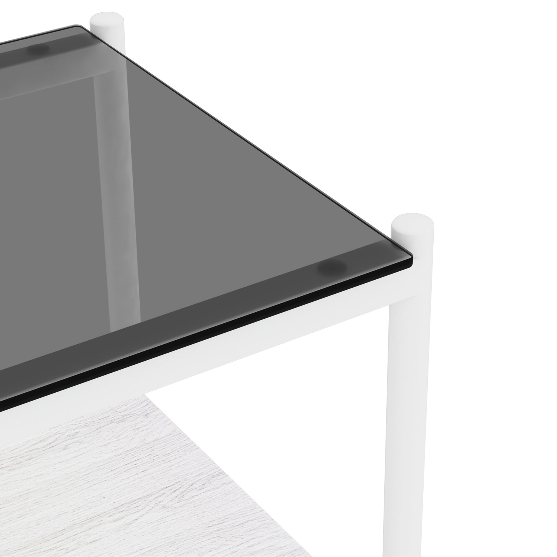 Modern white side table with smoked glass top and wood grain shelf