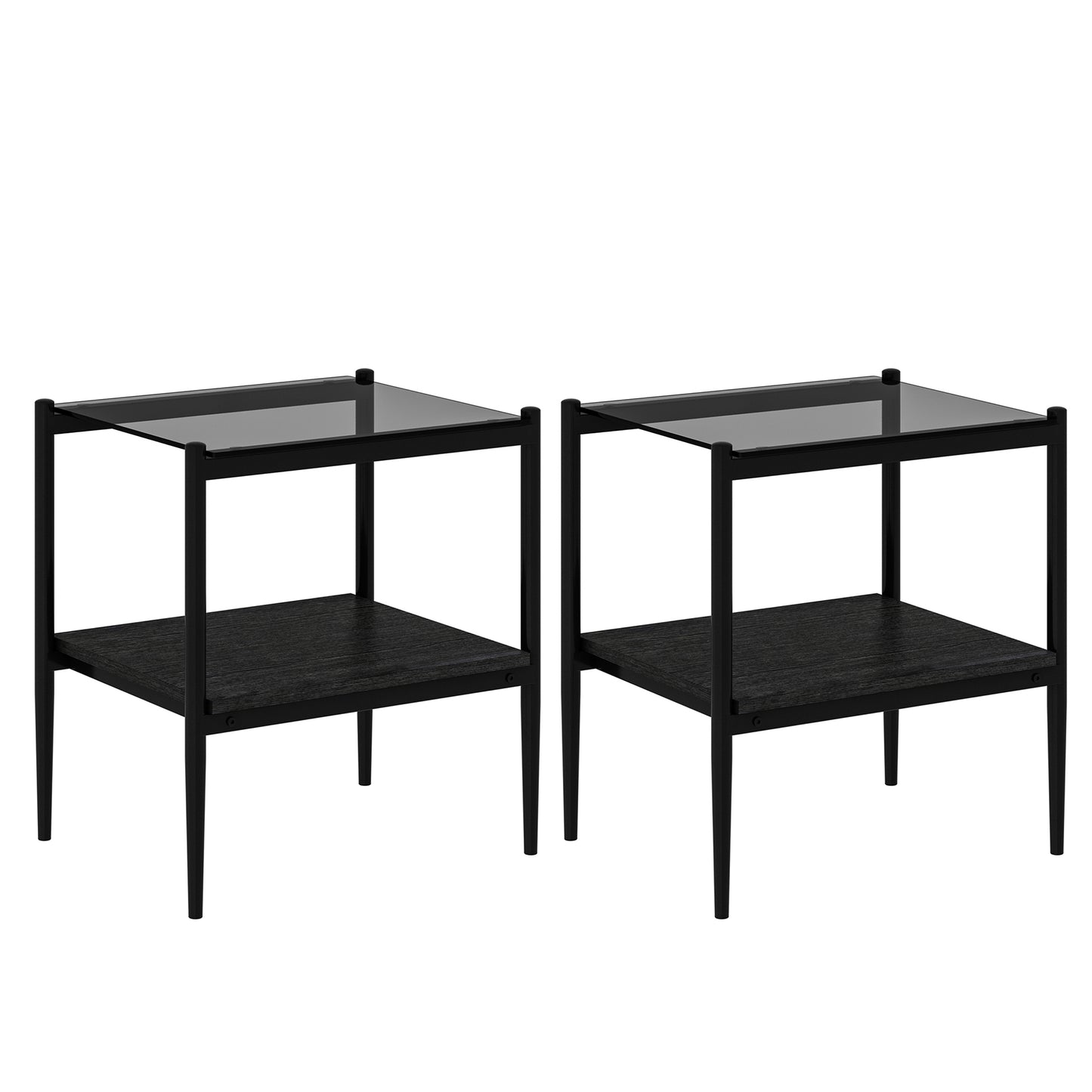 Black metal and glass end table with textured wood shelf modern style