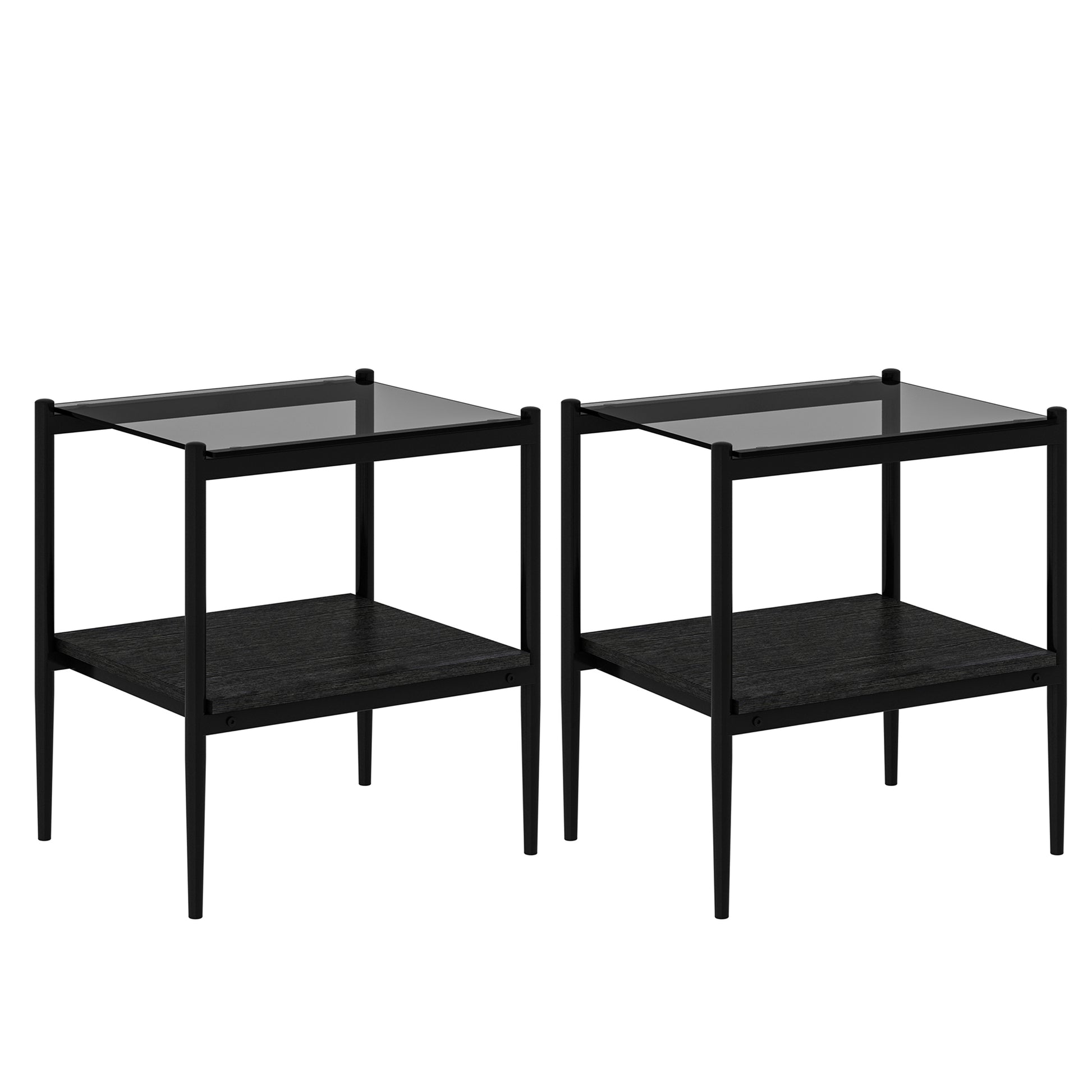 Black metal and glass end table with textured wood shelf modern style