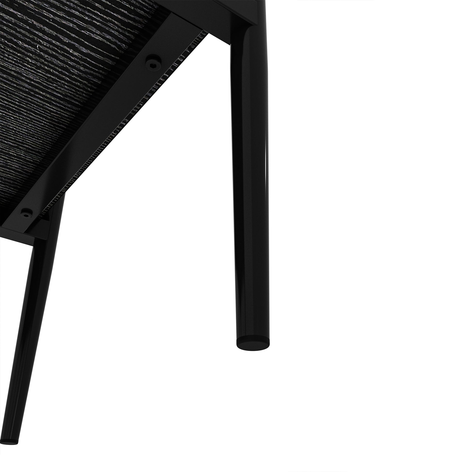 Black metal dining chair with textured seat and tapered legs