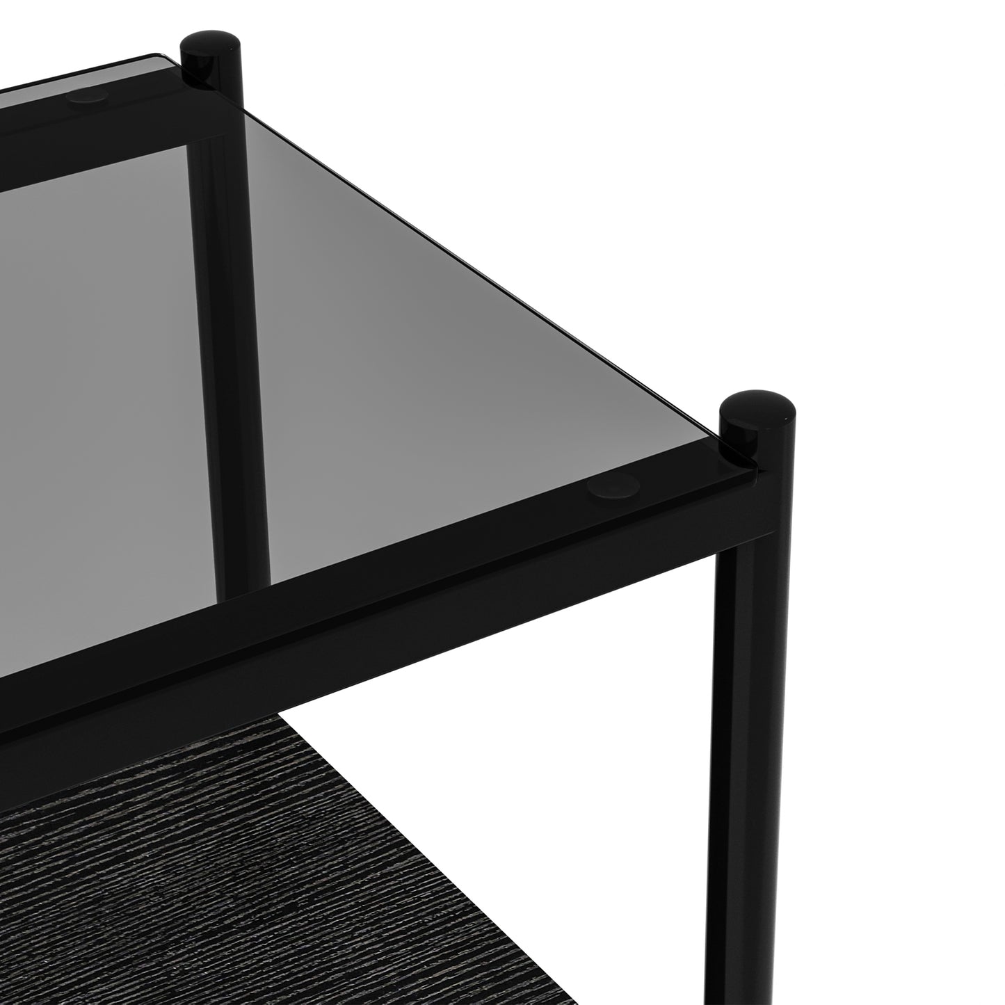 Black modern side table with smoked glass top and wood grain shelf