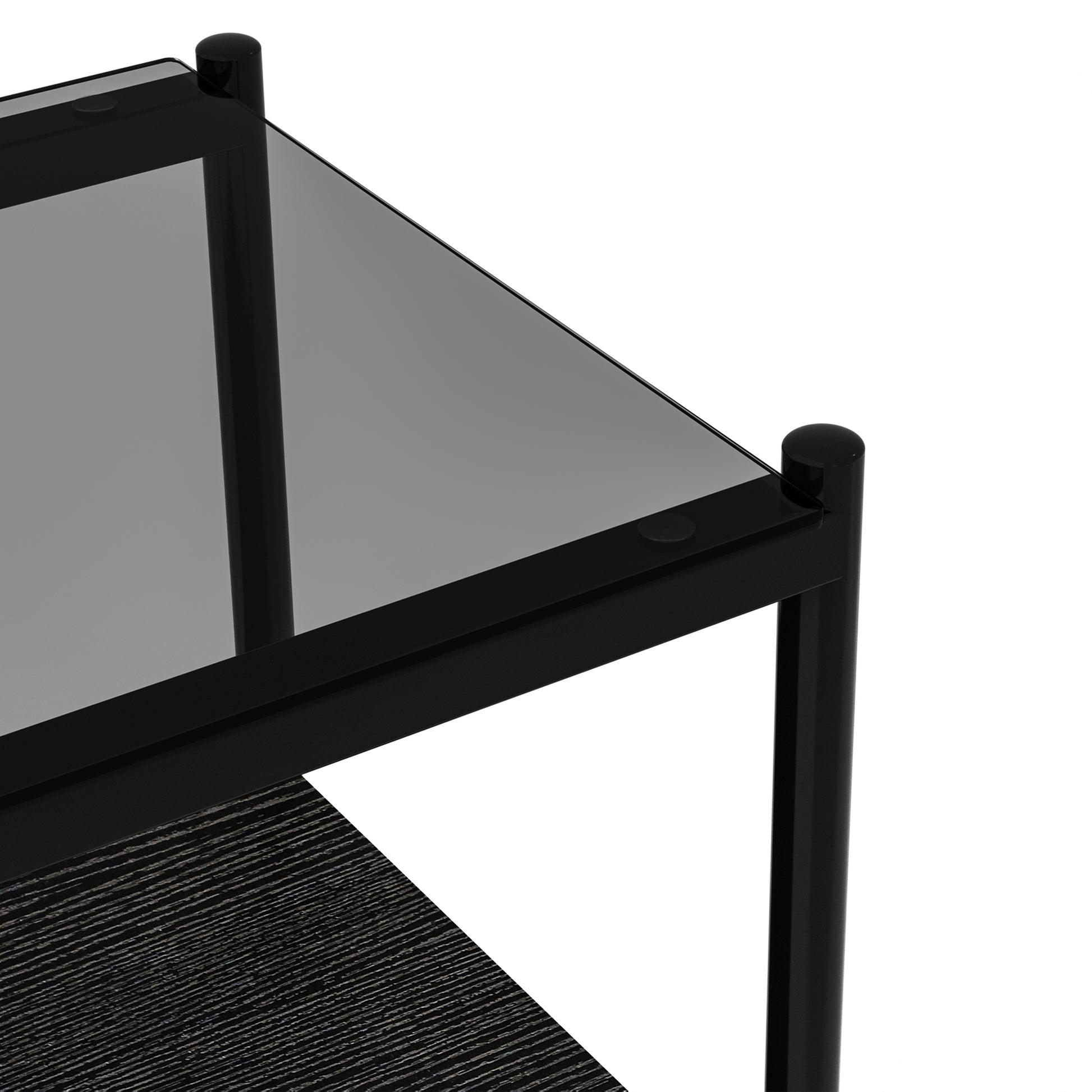 Black modern side table with smoked glass top and wood grain shelf