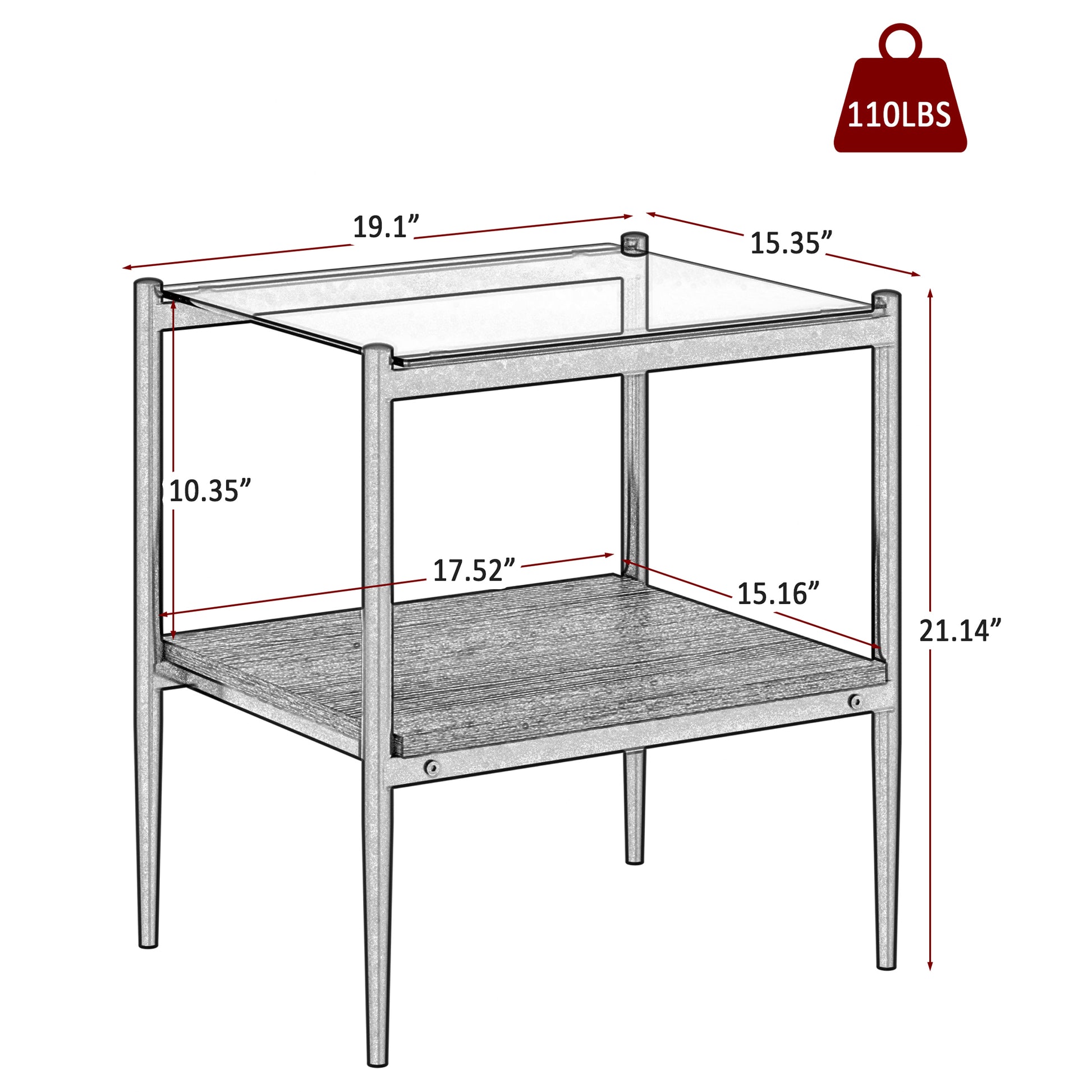 Sketch of a modern side table with glass top wood shelf and metal frame xx inch