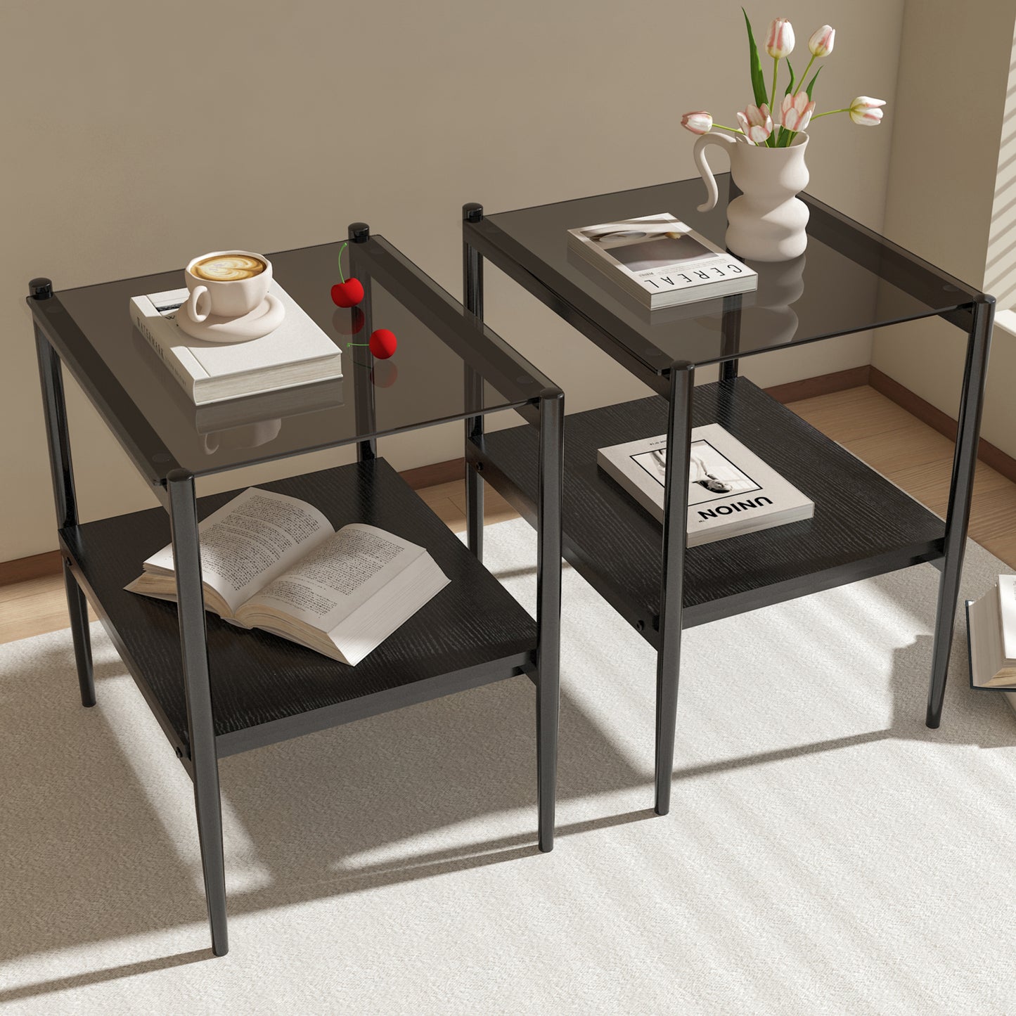Black metal end table with two shelves and tempered glass top