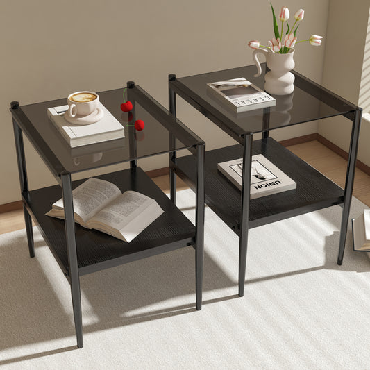Black metal end table with two shelves and tempered glass top