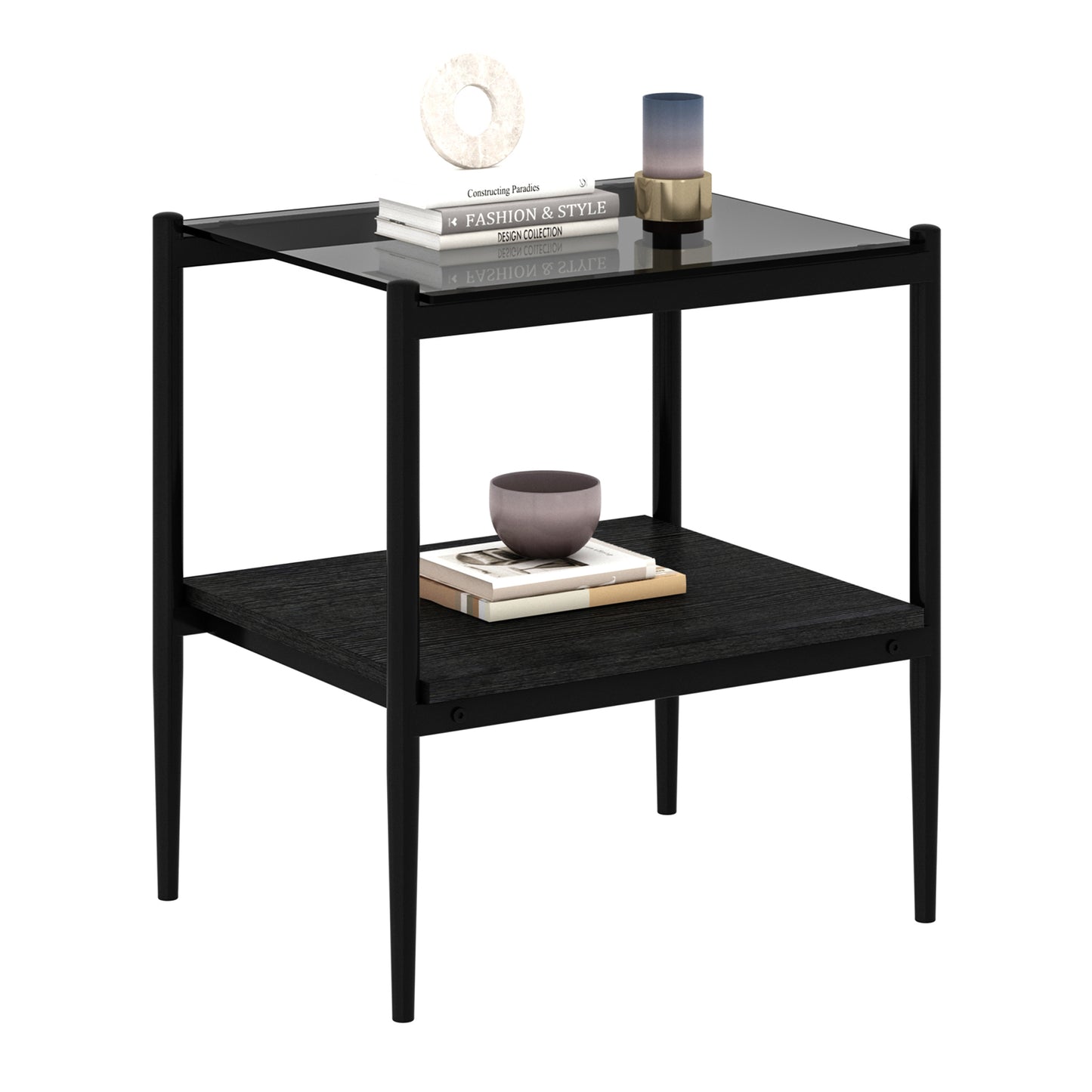 Black metal end table with glass top and textured wood shelf