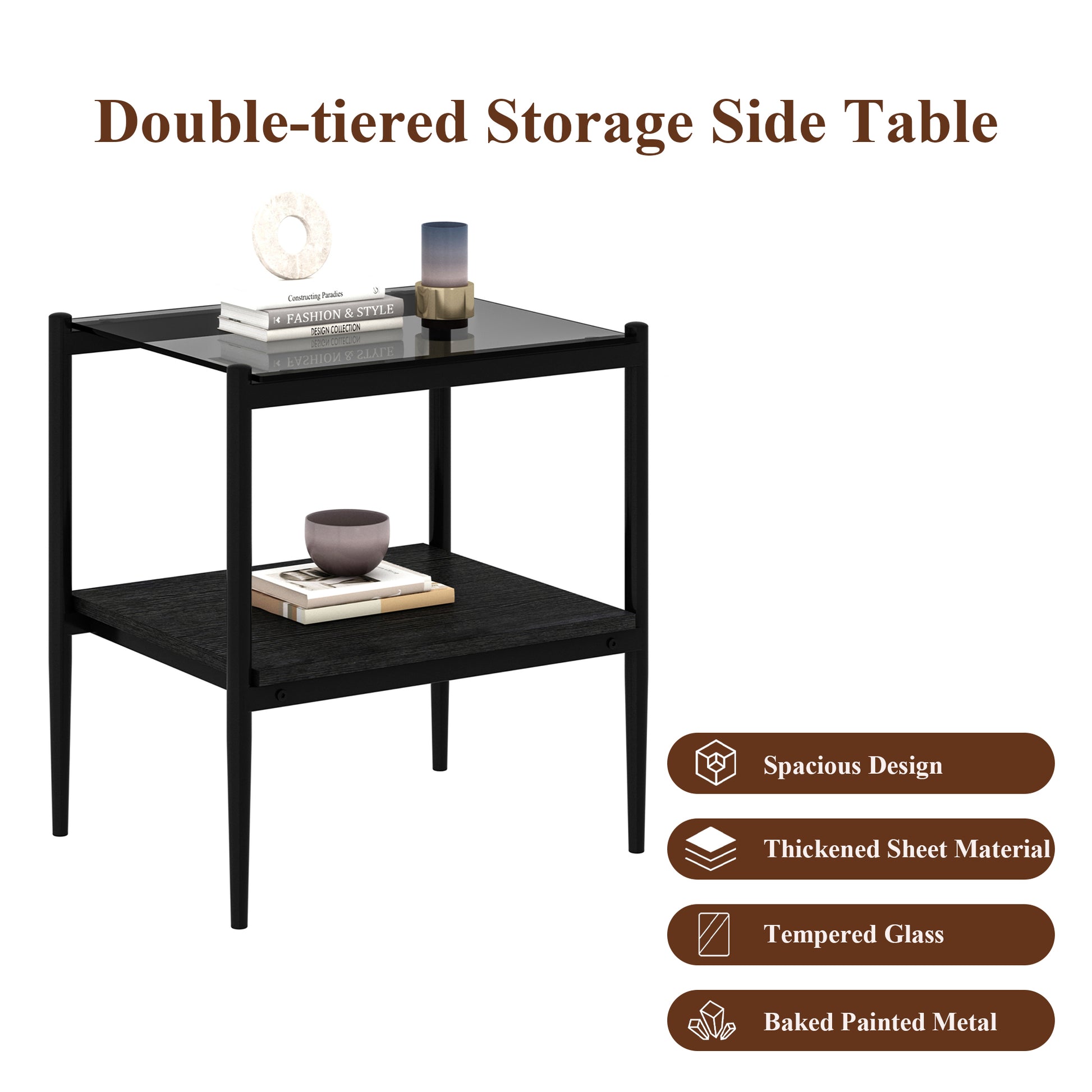 Black doubletiered side table with tempered glass top and woodlook shelf