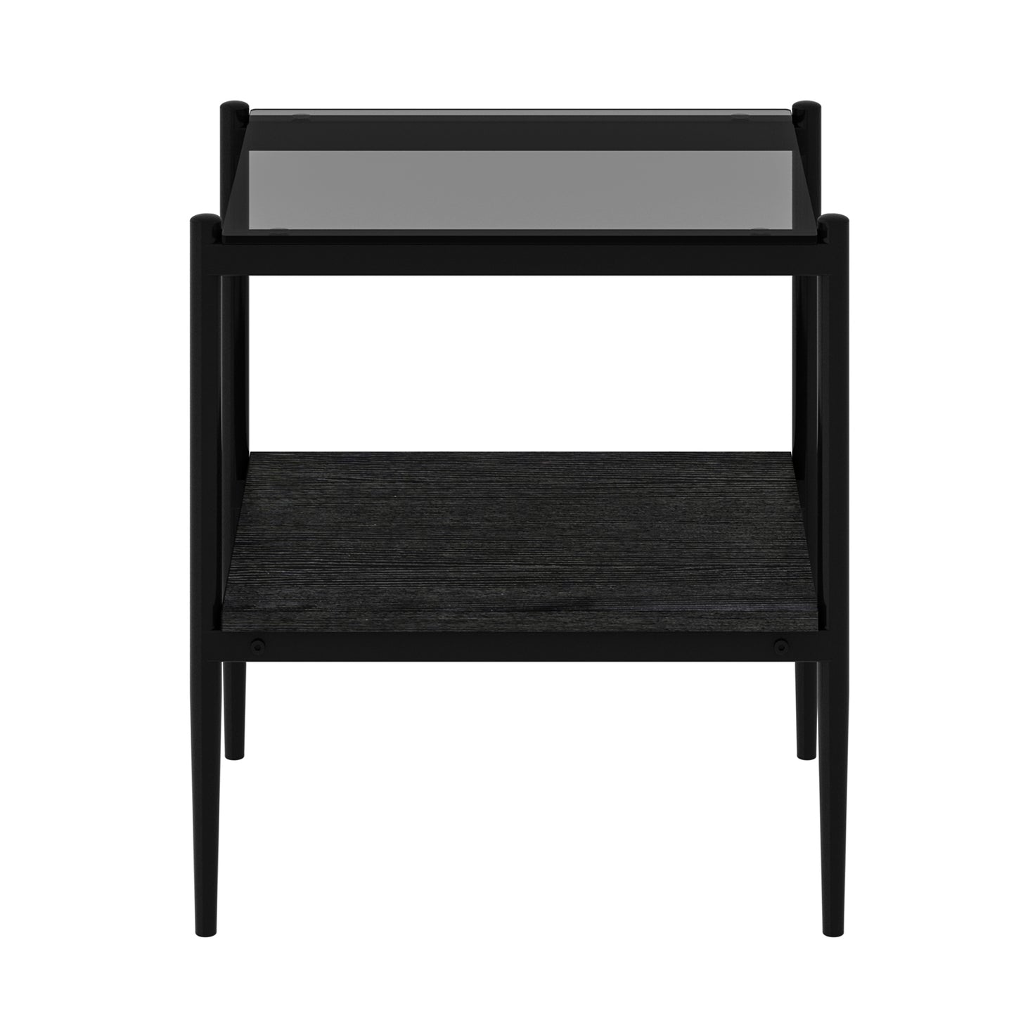 Black metal side table with dark wood shelf and glass top
