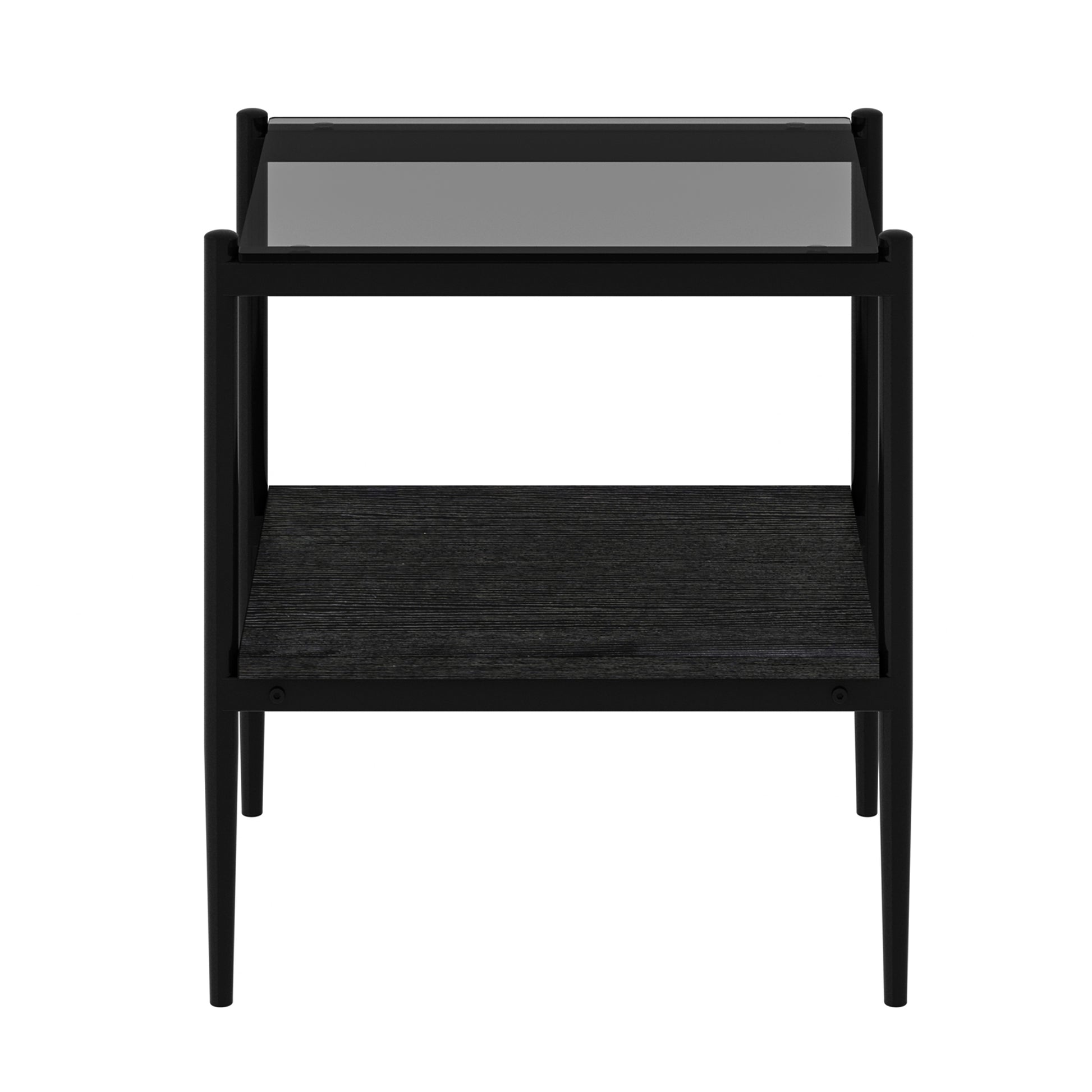 Black metal side table with dark wood shelf and glass top