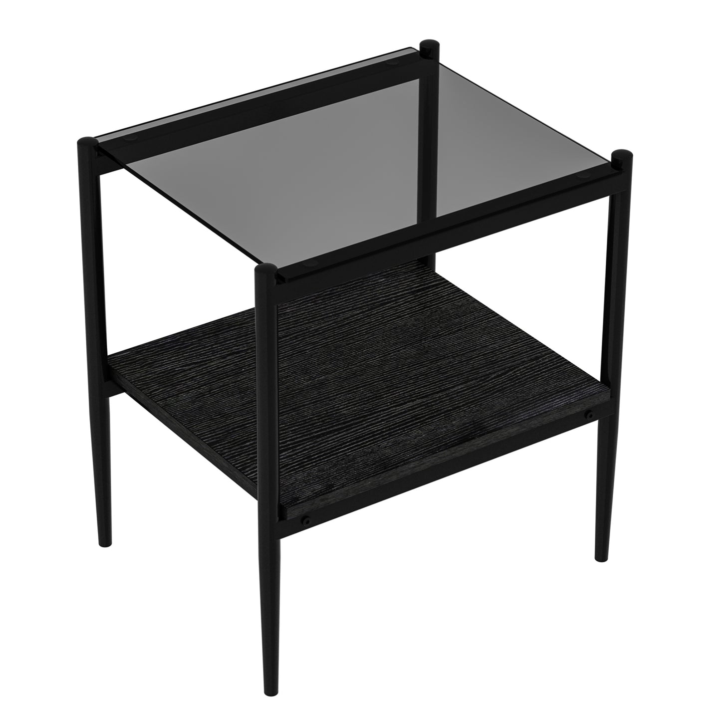 Modern black end table with smoked glass top and wood grain shelf