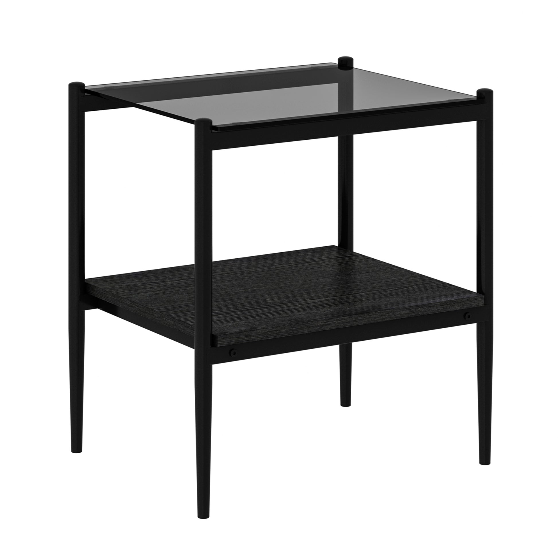 Sleek black metal frame accent table with smoked glass top and dark wood shelf
