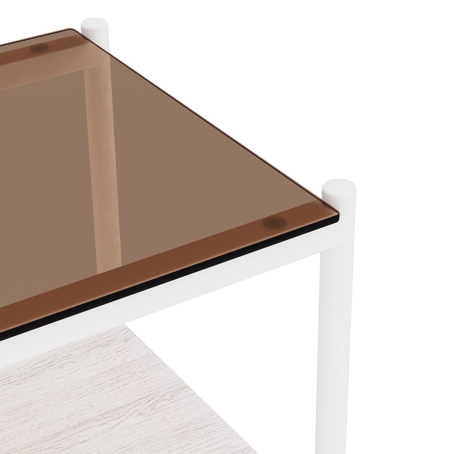 Closeup of a modern side table with a bronze tempered glass top and white frame
