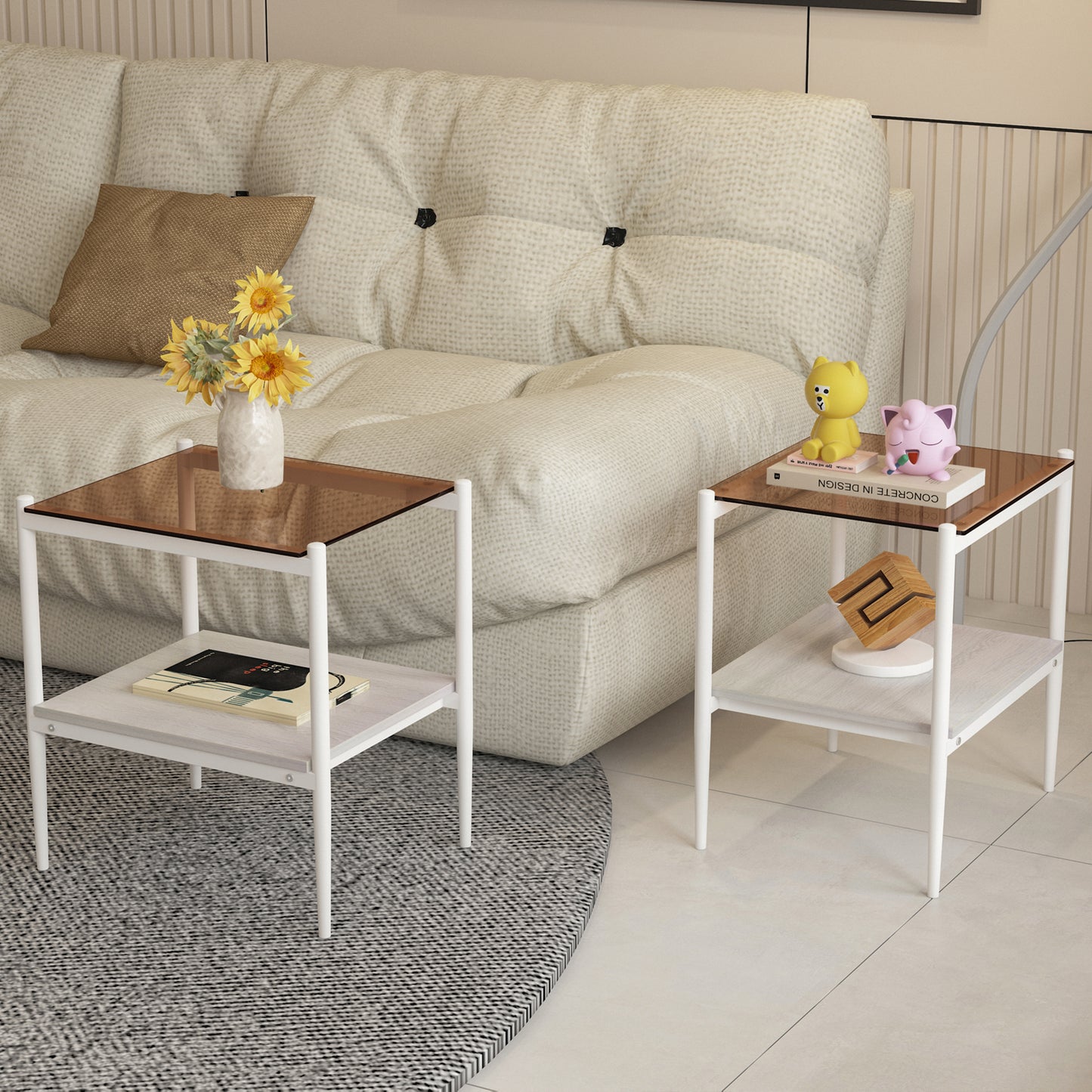 Modern white side table with amber glass top and wooden shelf perfect for living rooms