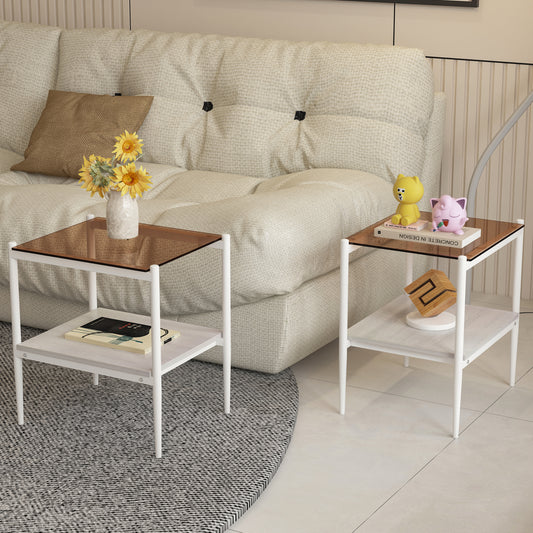 Modern white side table with amber glass top and wooden shelf perfect for living rooms