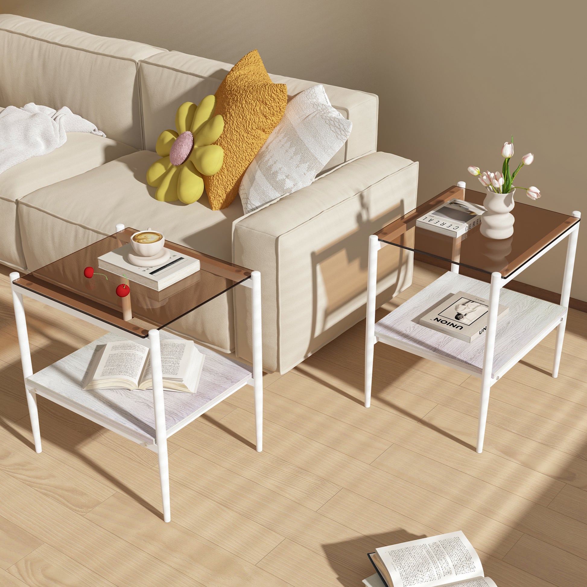 Modern white metal end table with two tiers smoked glass top and white wood shelf