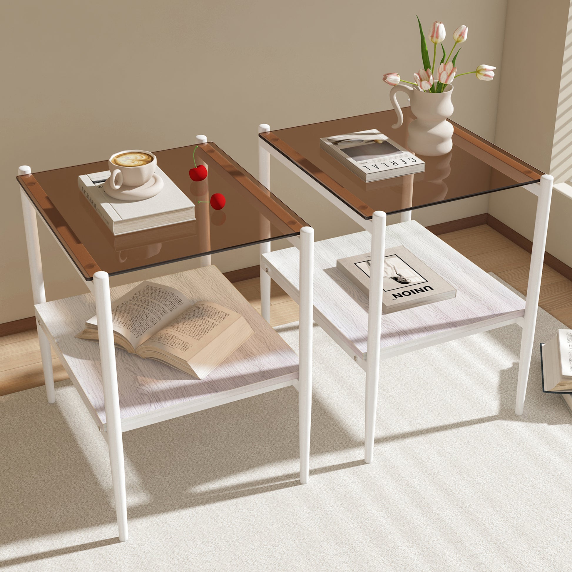 Two white metal side tables with smoked glass tops and wood shelves near window