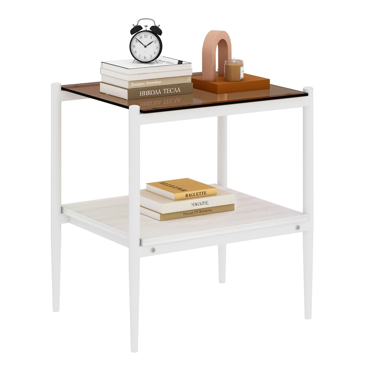 Modern white side table with glass top featuring books alarm clock and decor