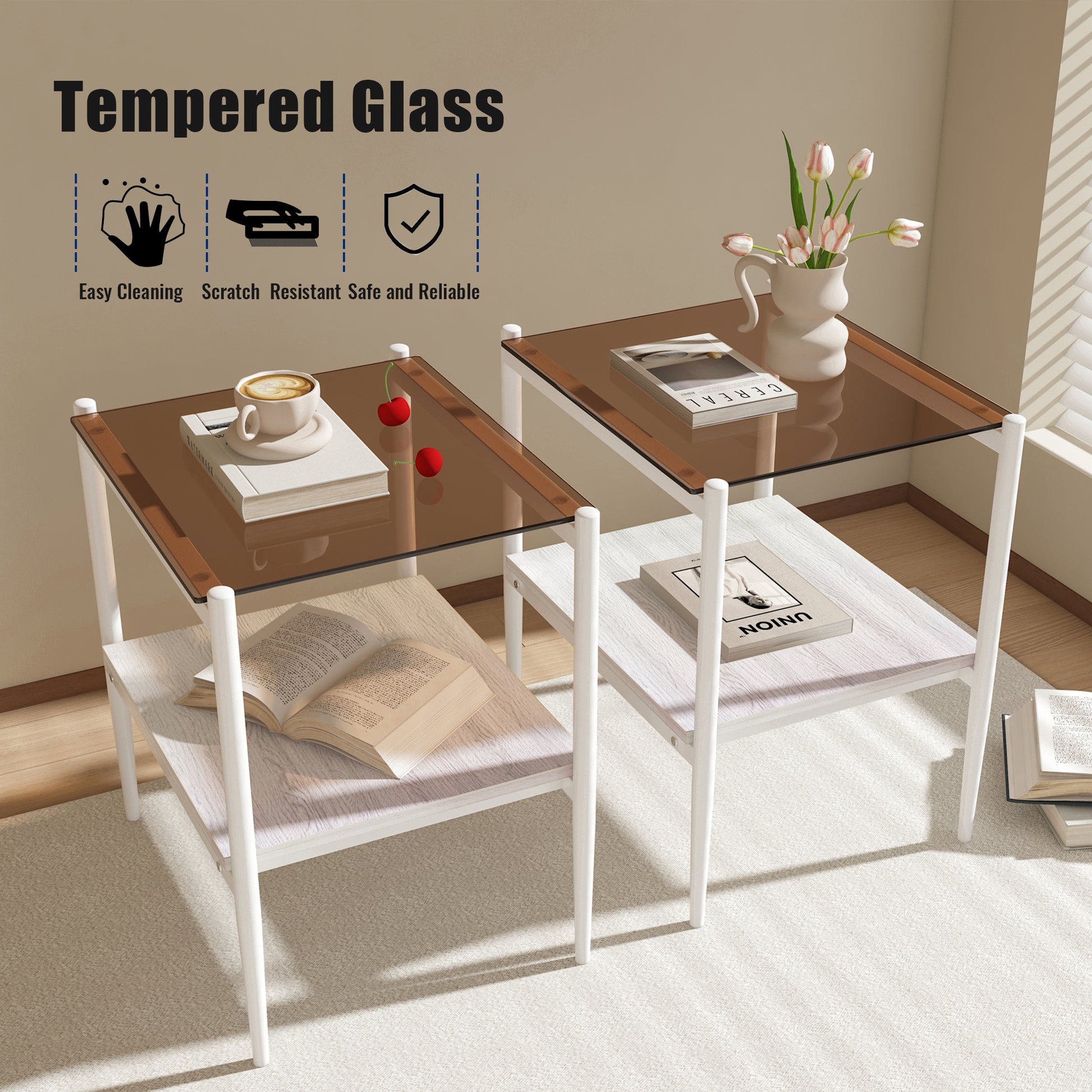 Two tiered white accent tables with smoked tempered glass tops ideal for modern living rooms