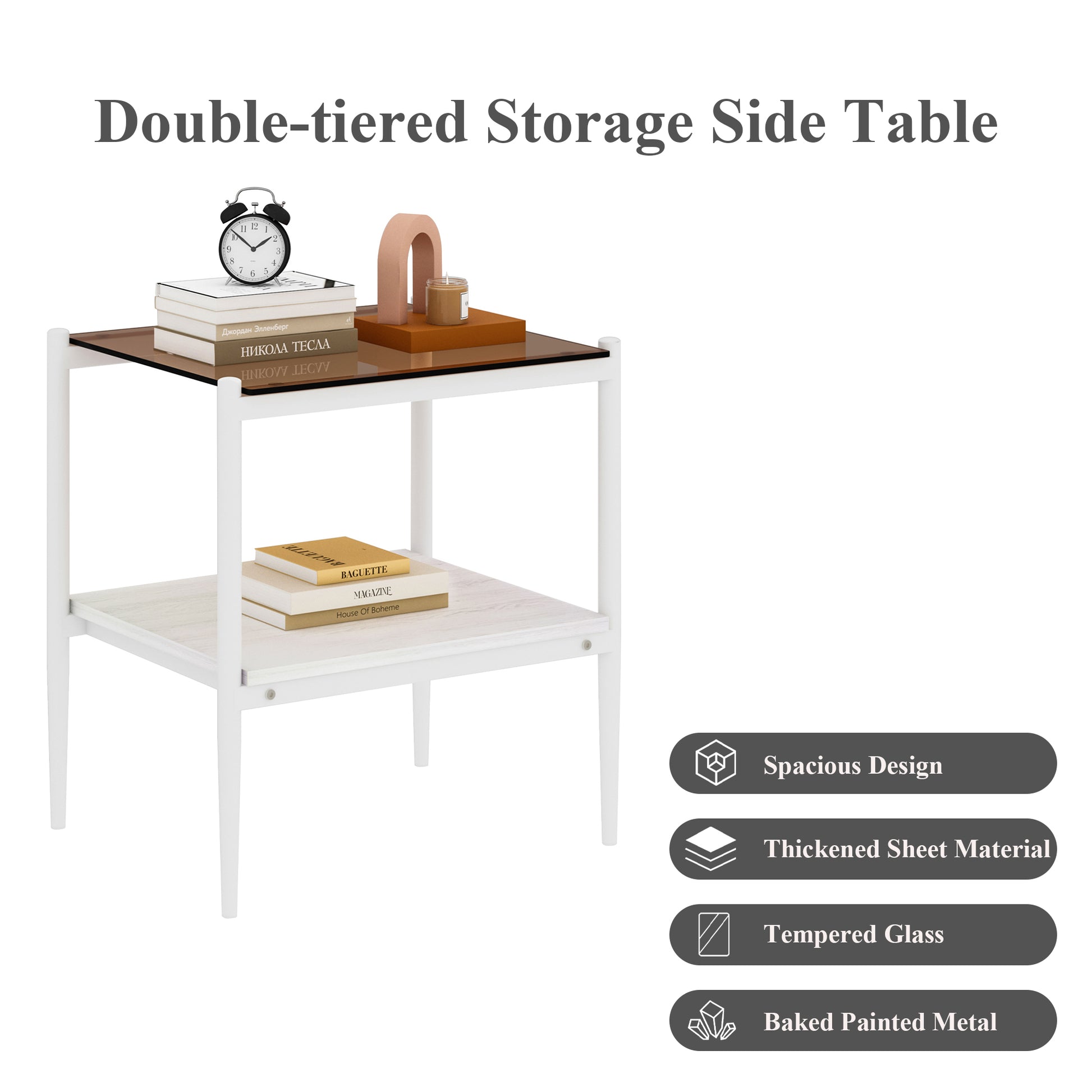 White metal doubletiered side table with brown tempered glass top holding books and decor