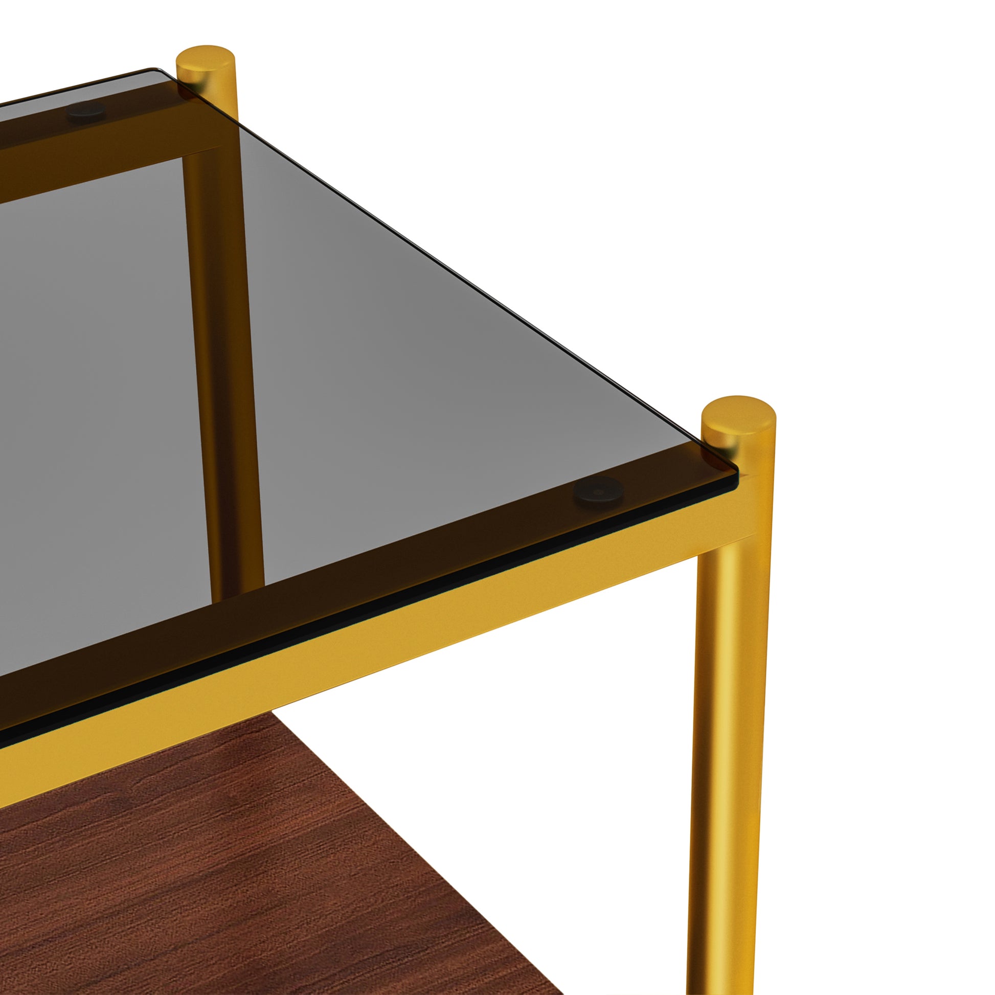 Goldframe side table with dark wood shelf and smoked glass top