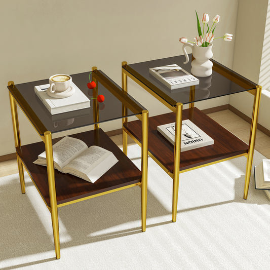 Modern gold frame end table with dark wood shelves and smoked glass top showcasing decorative items