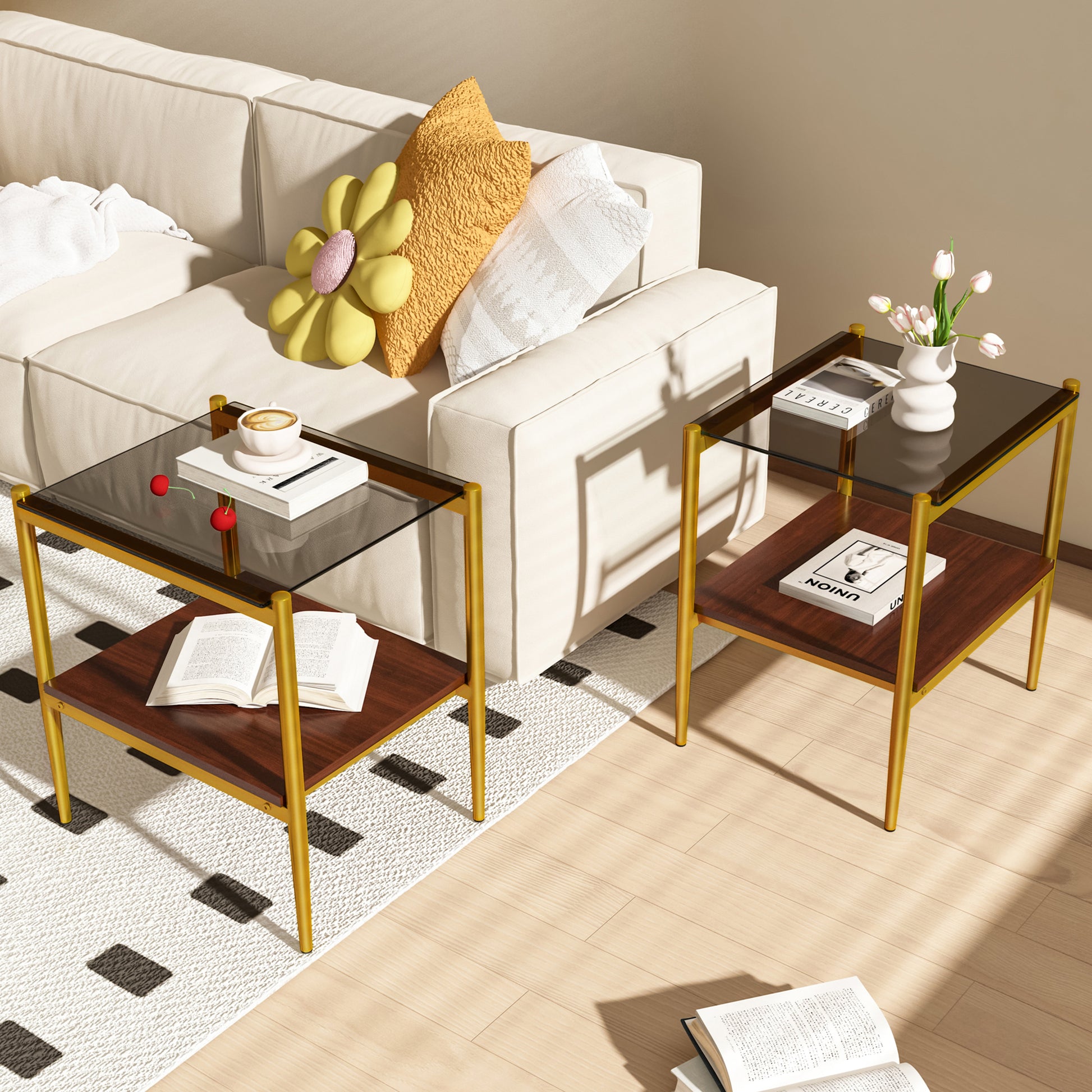 Twotier gold frame end table with glass top and wood shelf perfect for living room decor