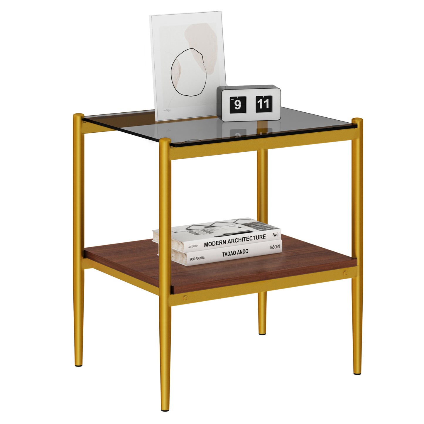 Gold metal side table with glass top and wood shelf holding art and books