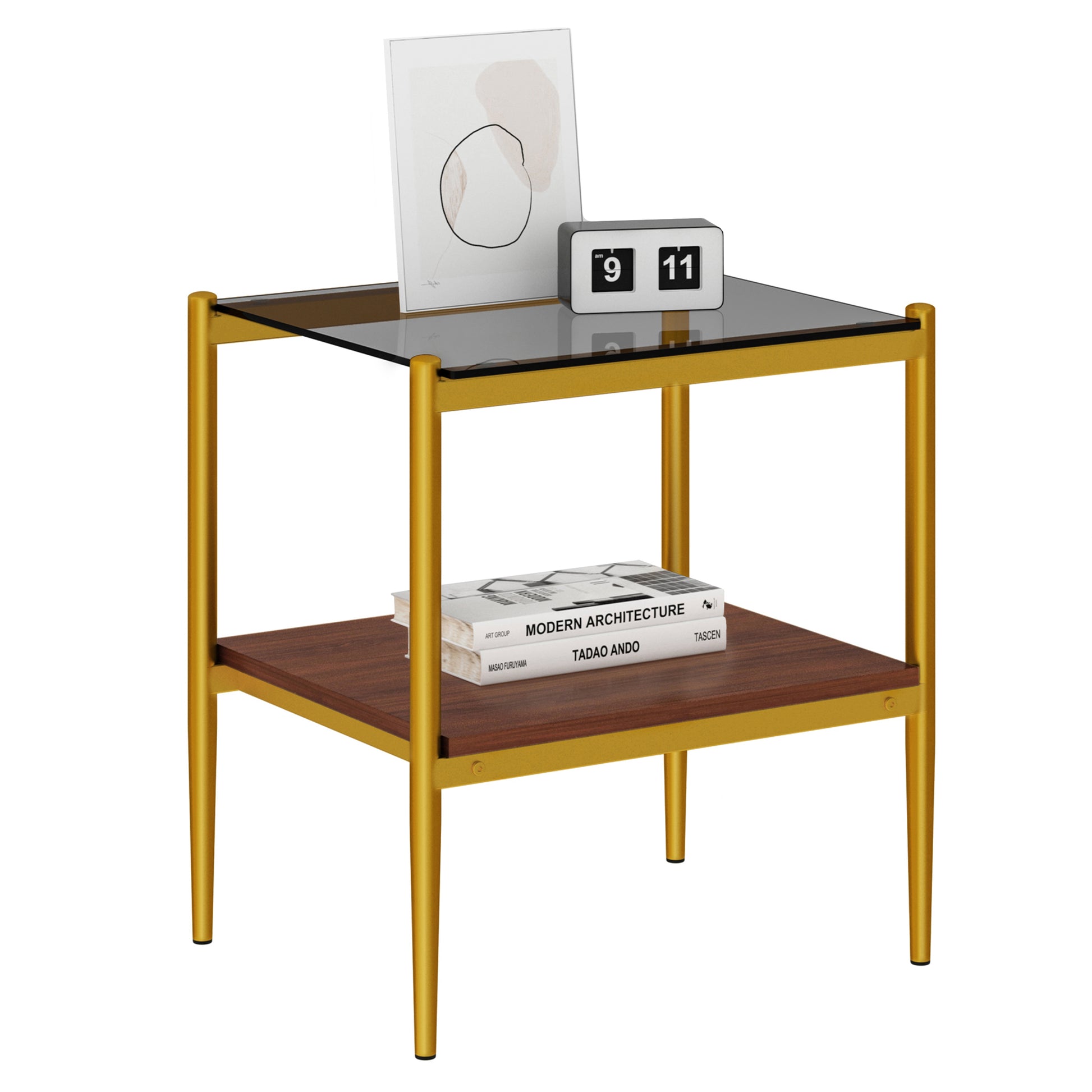 Gold metal side table with glass top and wood shelf holding art and books