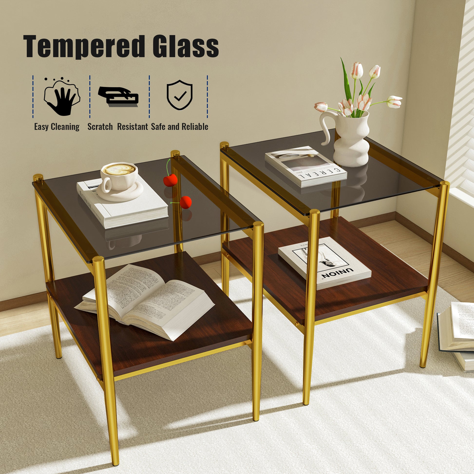 Modern side table with dark tempered glass top and walnut veneer shelf gold metal frame