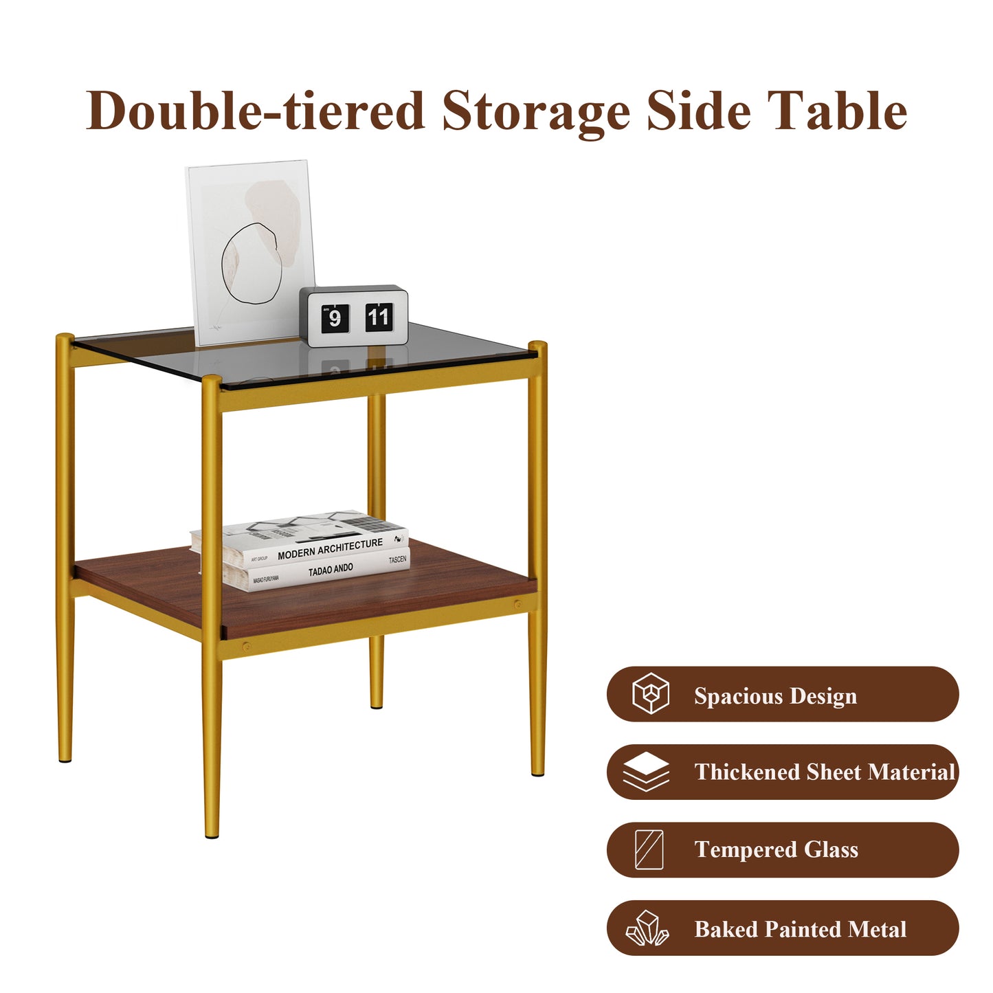 Gold metal framed doubletiered side table with tempered glass top and wood shelf