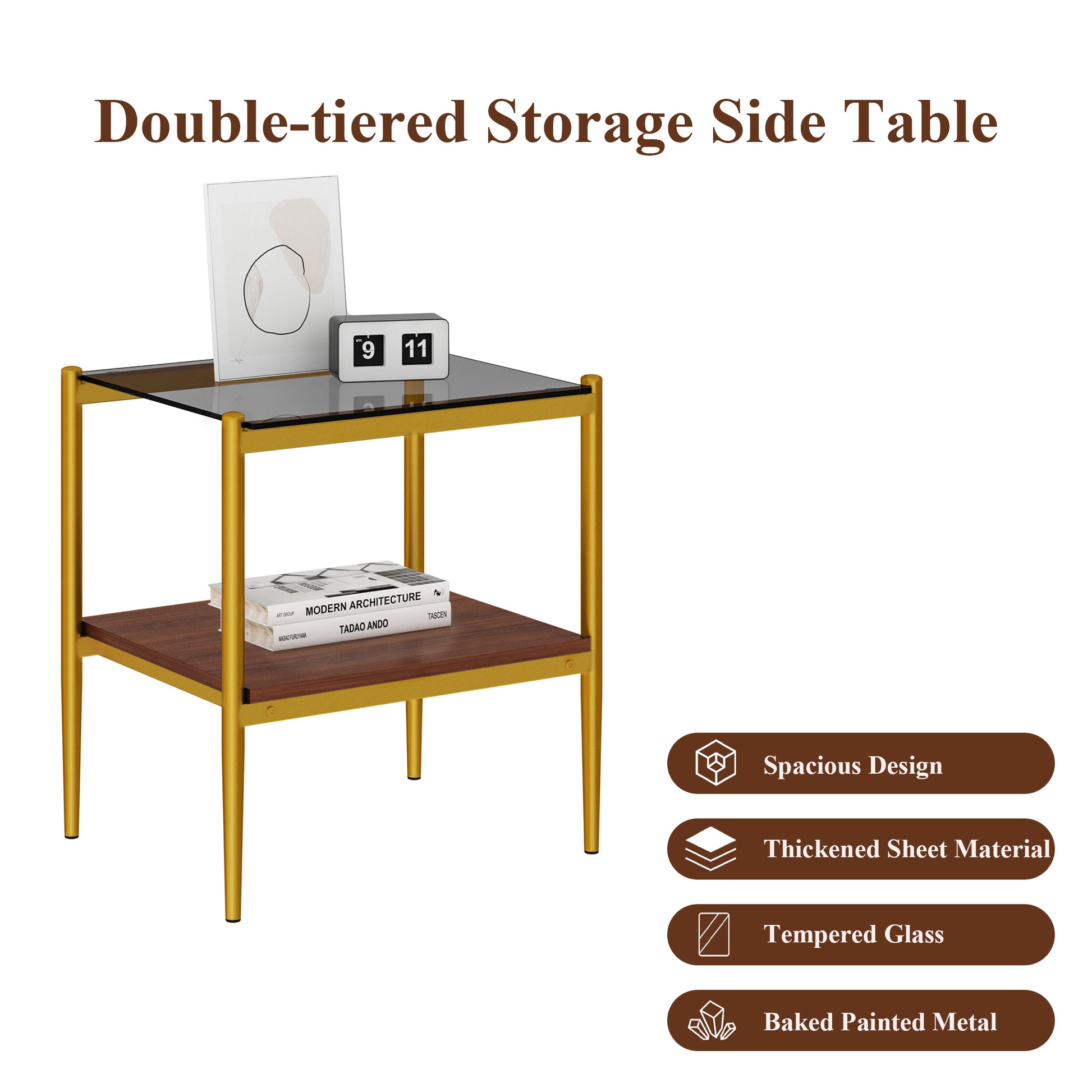 Gold metal framed doubletiered side table with tempered glass top and wood shelf