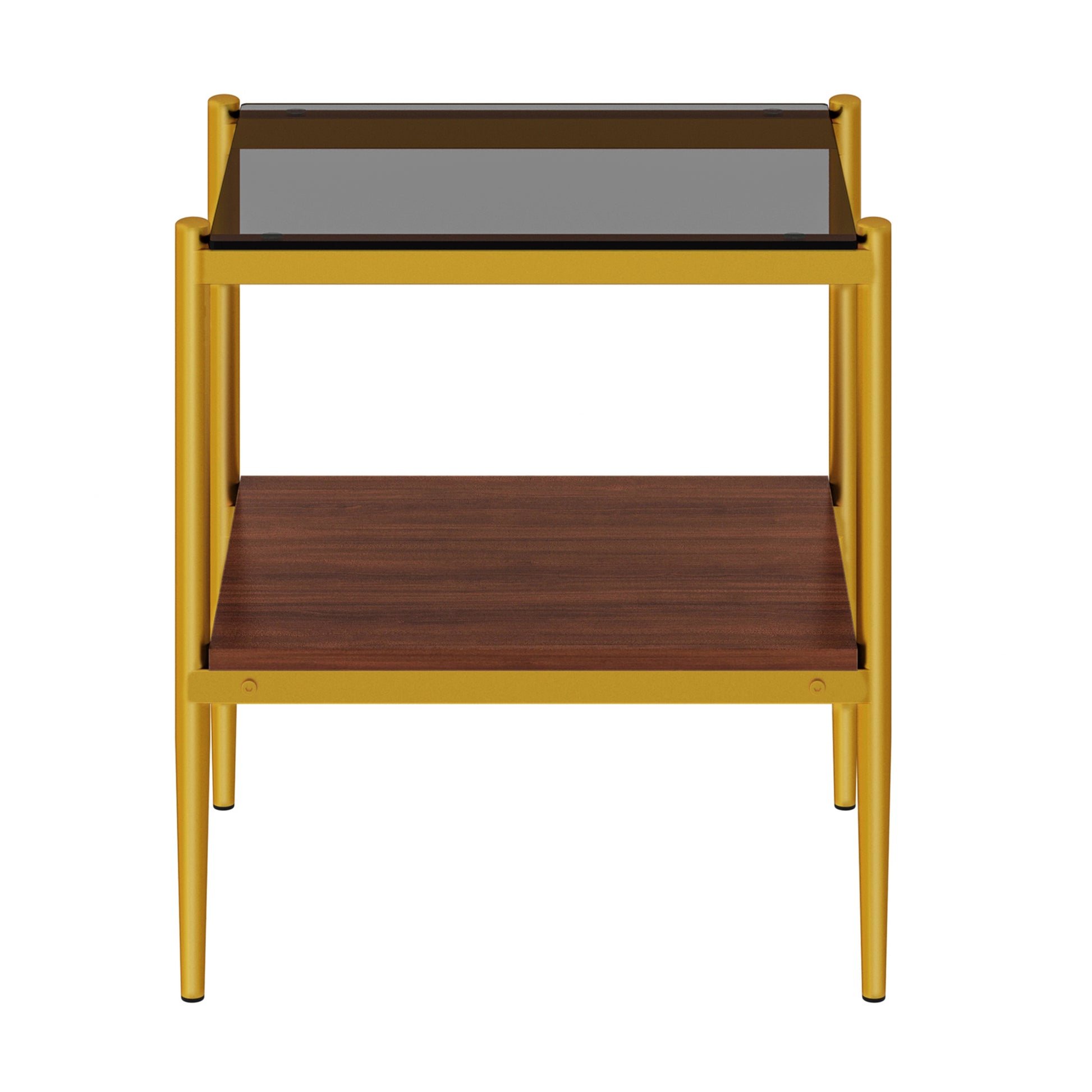 Gold metal end table with smoked glass top and walnut shelf