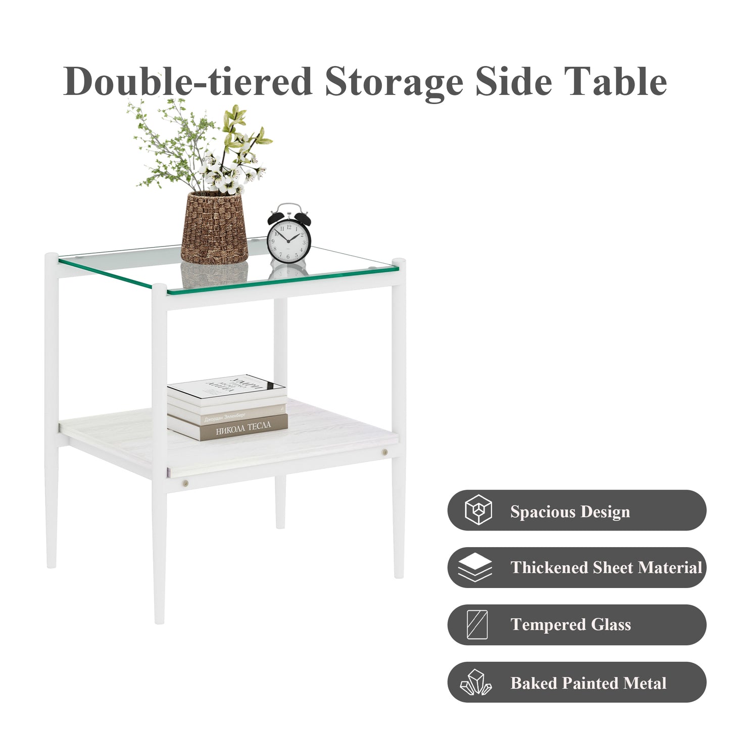 White doubletiered storage side table with glass top rustic vase and books