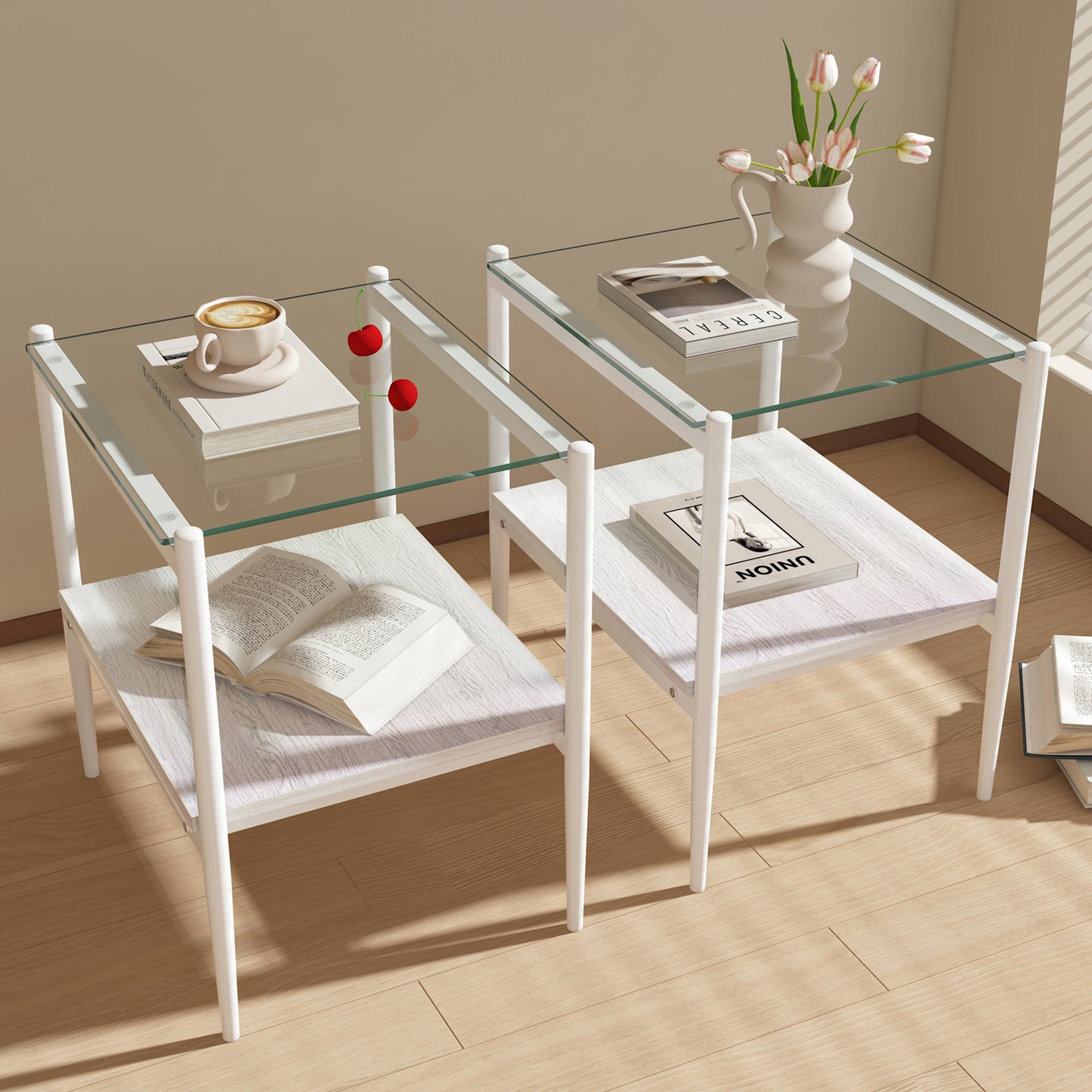 Modern white metal end table with clear glass top and wood shelf
