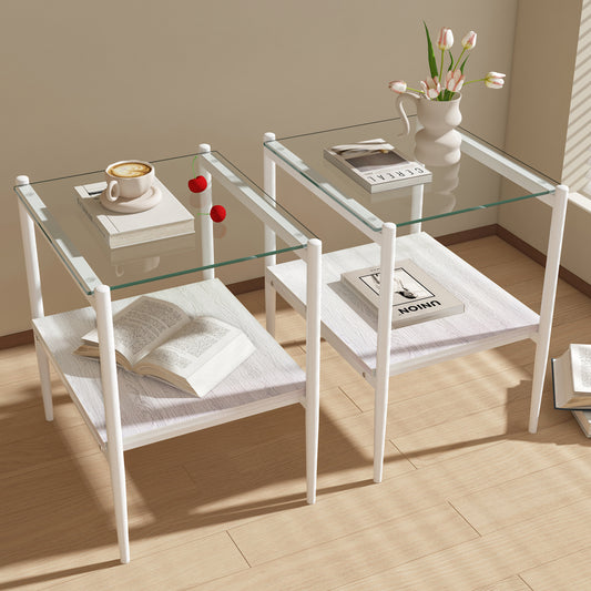 Modern white metal end table with clear glass top and wood shelf