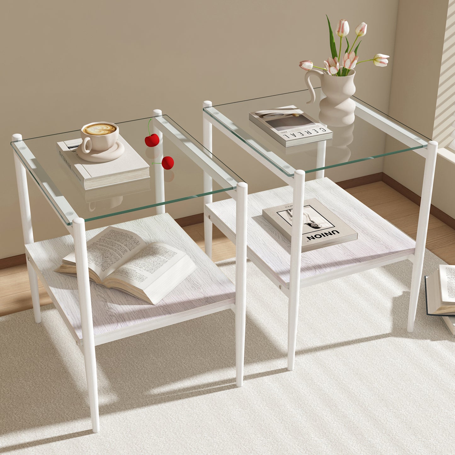 White metal end table with glass top featuring a coffee cup and cherries