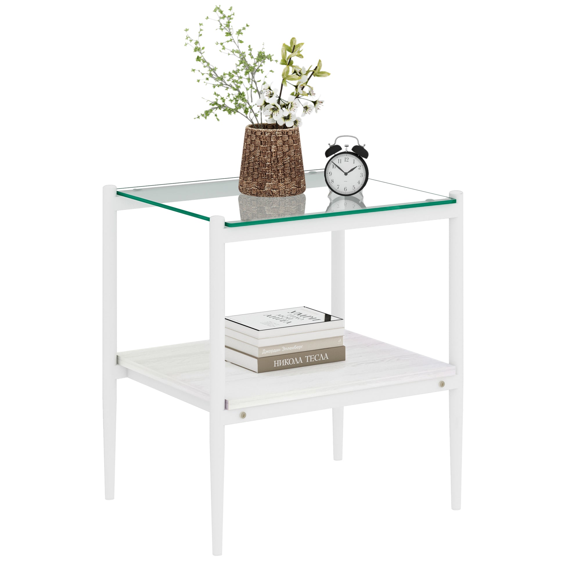 White metal and glass end table with wicker vase books and alarm clock