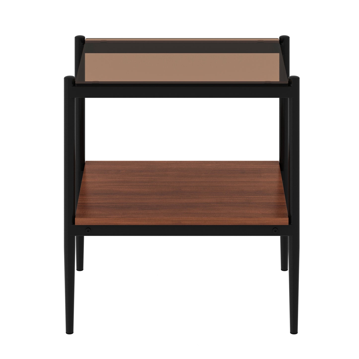 Modern black metal end table with two shelves smoked glass top and walnut wood